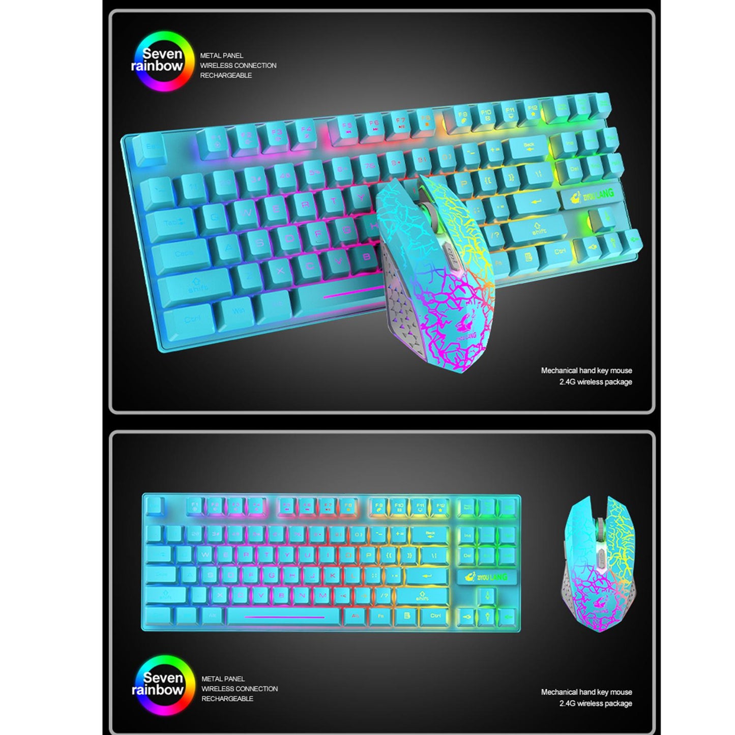Gaming Wireless RGB Backlit Keyboard and Mouse Combo 2400dpi Black