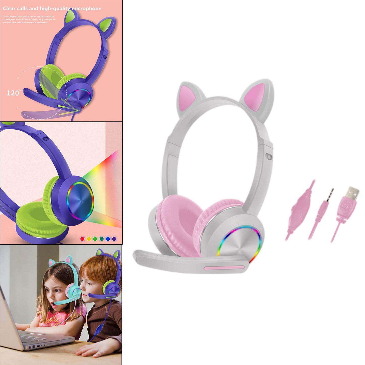 Cat Ear Headphones with Mic 3.5mm Lightweight Headphones Noise Canceling Gray