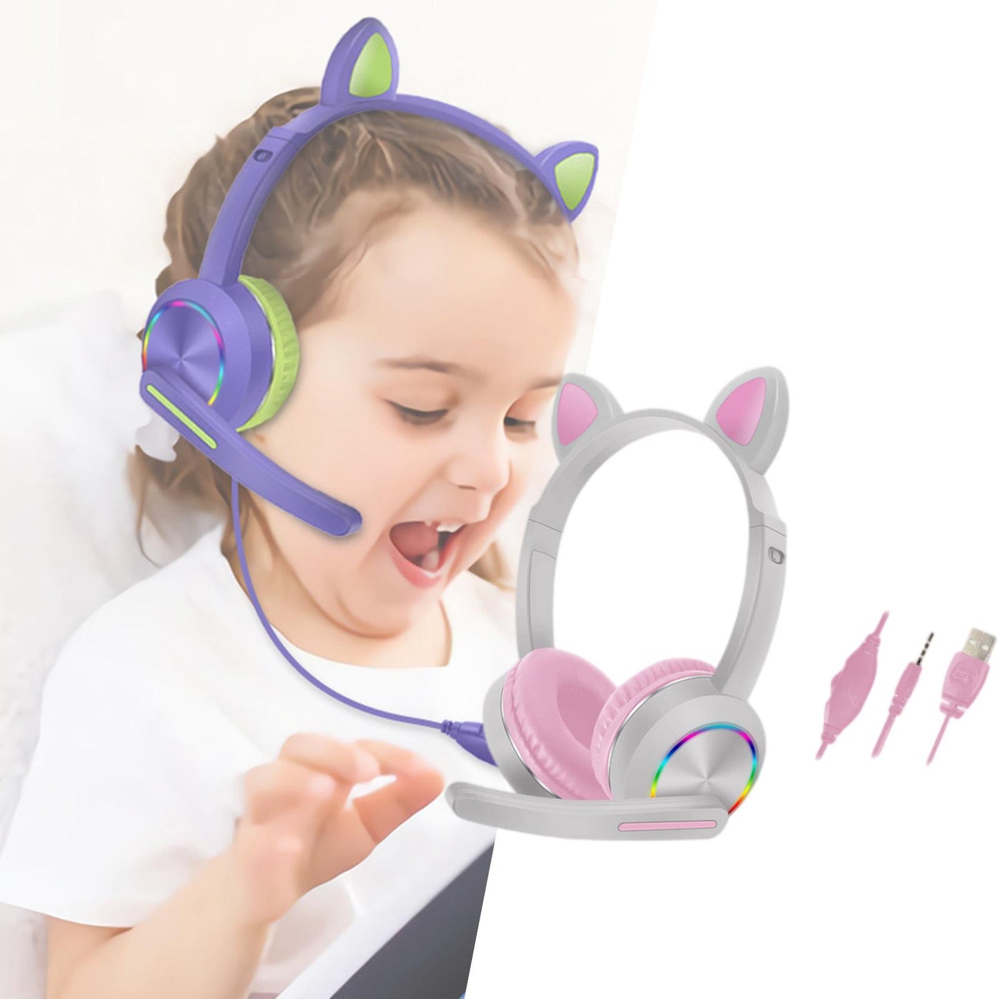 Cat Ear Headphones with Mic 3.5mm Lightweight Headphones Noise Canceling Gray
