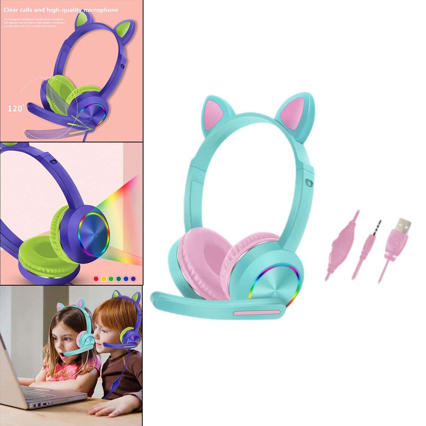 Cat Ear Headphones with Mic 3.5mm Lightweight Headphones Noise Canceling Blue