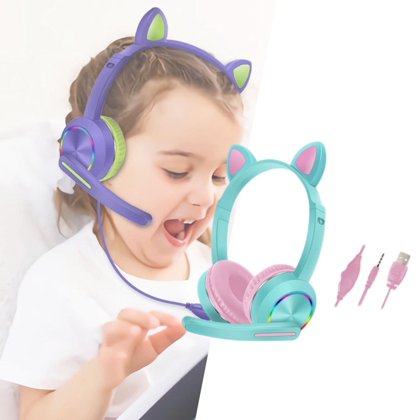Cat Ear Headphones with Mic 3.5mm Lightweight Headphones Noise Canceling Blue