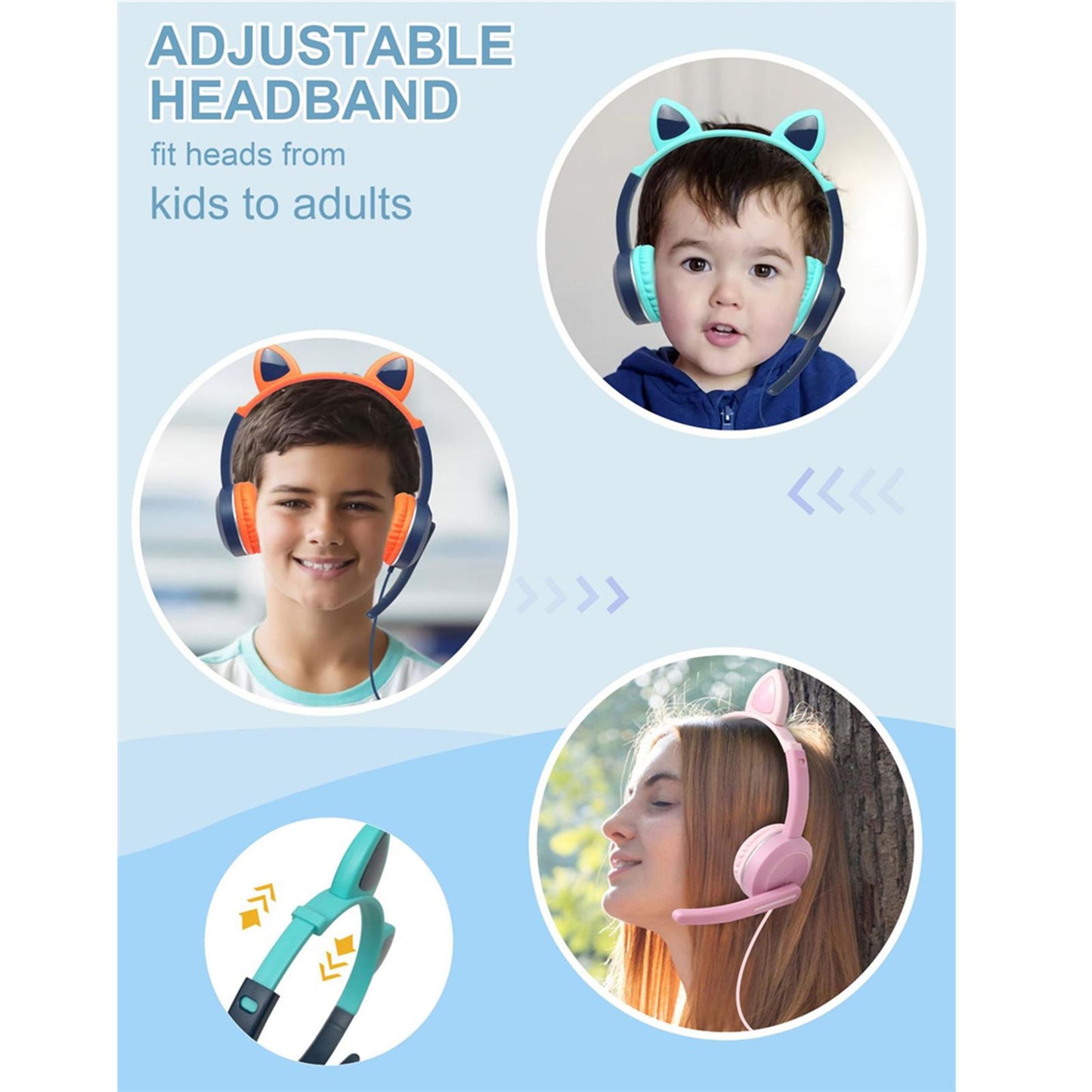 Wired Cat Ear Headset HiFi with Mic for Video Game Music PC Cyan and Pink