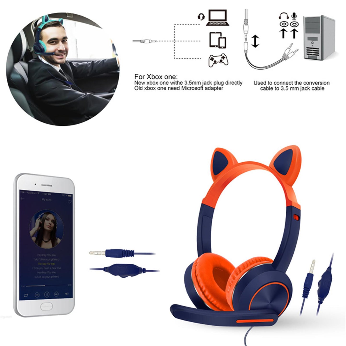 Wired Cat Ear Headset HiFi with Mic for Video Game Music PC Cyan and Pink