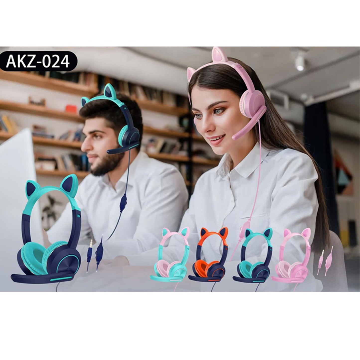 Wired Cat Ear Headset HiFi with Mic for Video Game Music PC Cyan and Pink