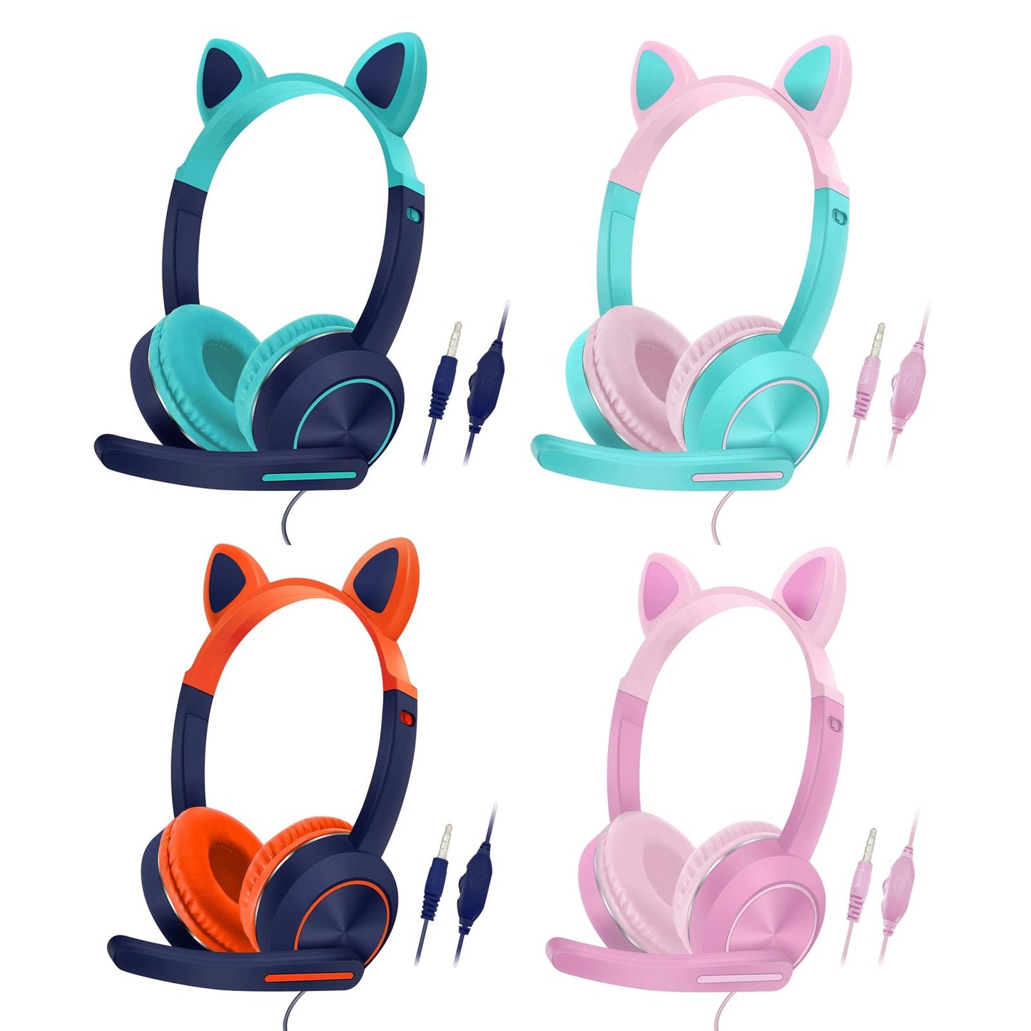 Wired Cat Ear Headset HiFi with Mic for Video Game Music PC Cyan and Pink