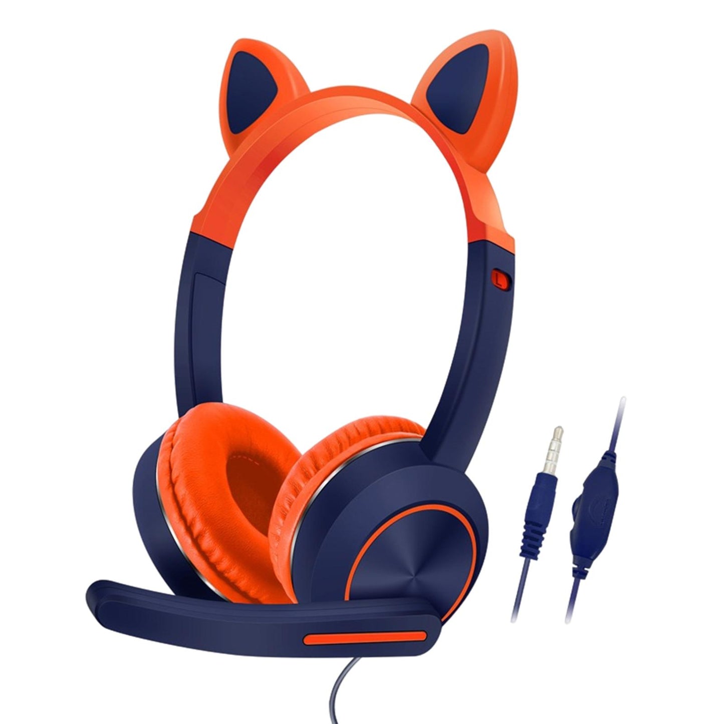 Wired Cat Ear Headset HiFi with Mic for Video Game Music PC Orange and Blue