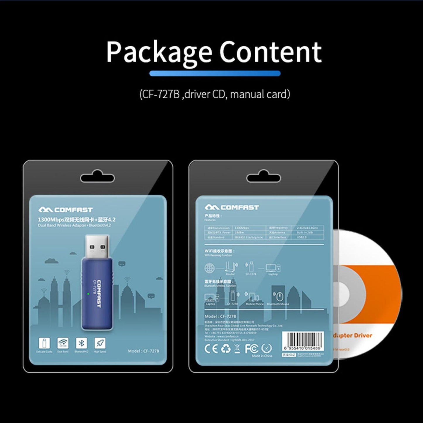 WiFi Adapter 1300Mbps USB Port Bluetooth 4.2 Wireless Network Card Dual Band