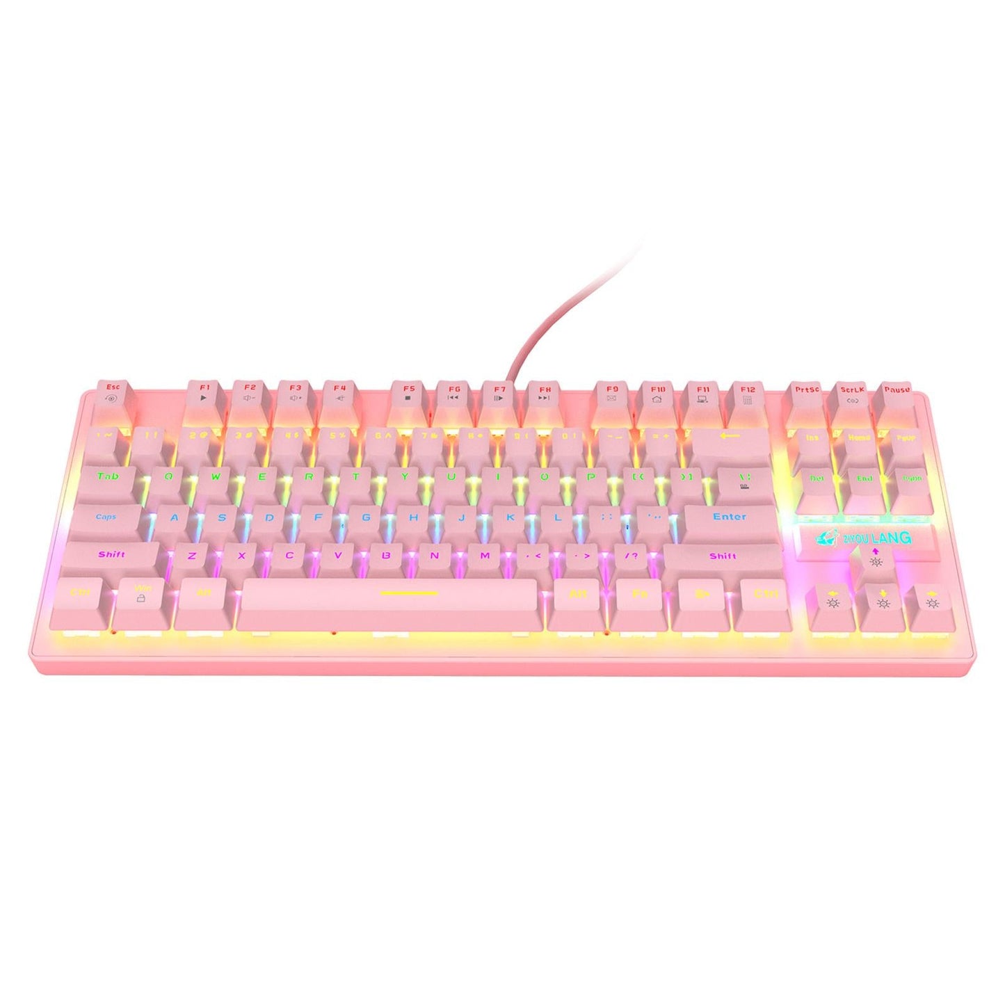 Wired Mechanical Gaming Keyboard Rainbow Backlit Windows Gamer 87 keys pink