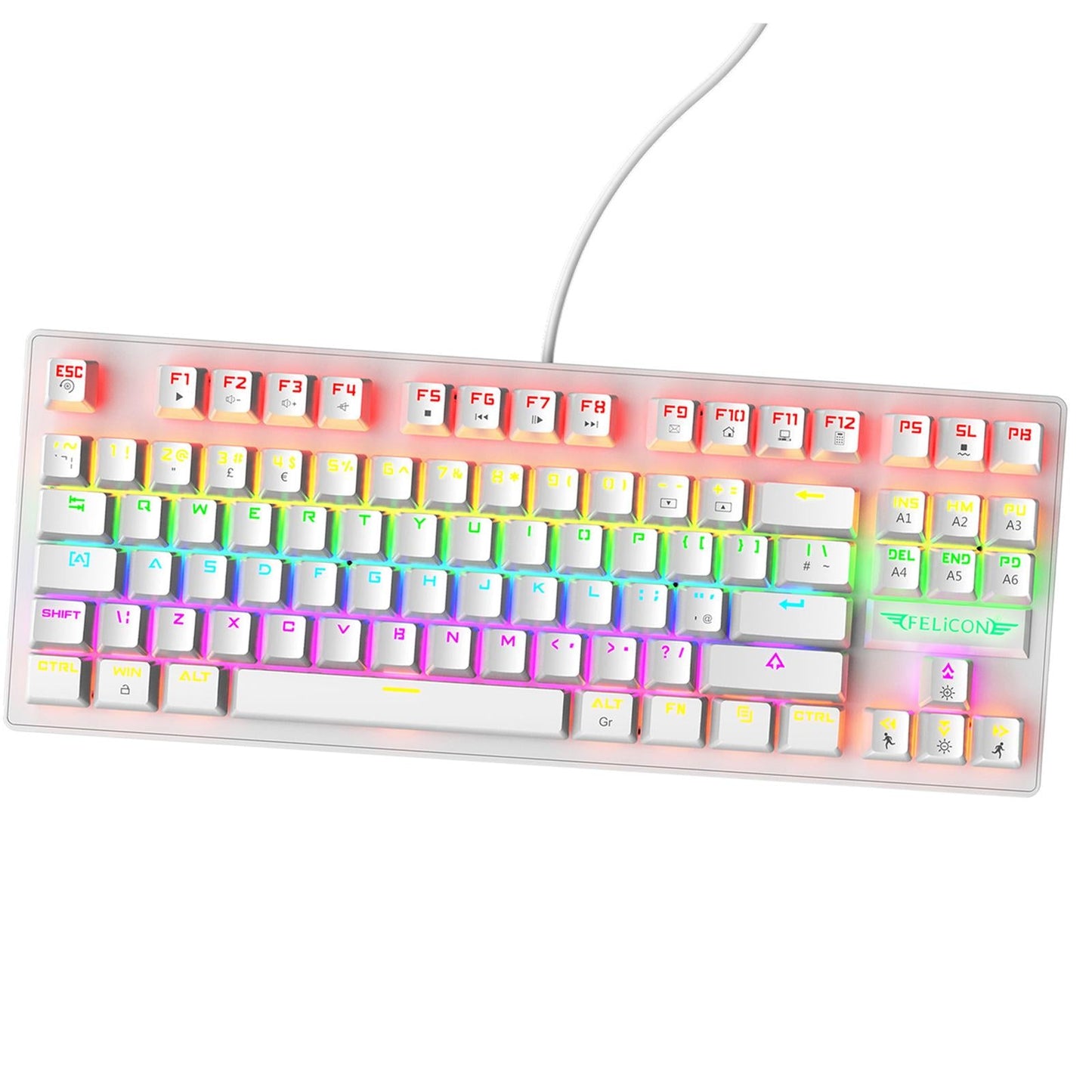 Wired Mechanical Gaming Keyboard Rainbow Backlit Windows Gamer 88 keys white