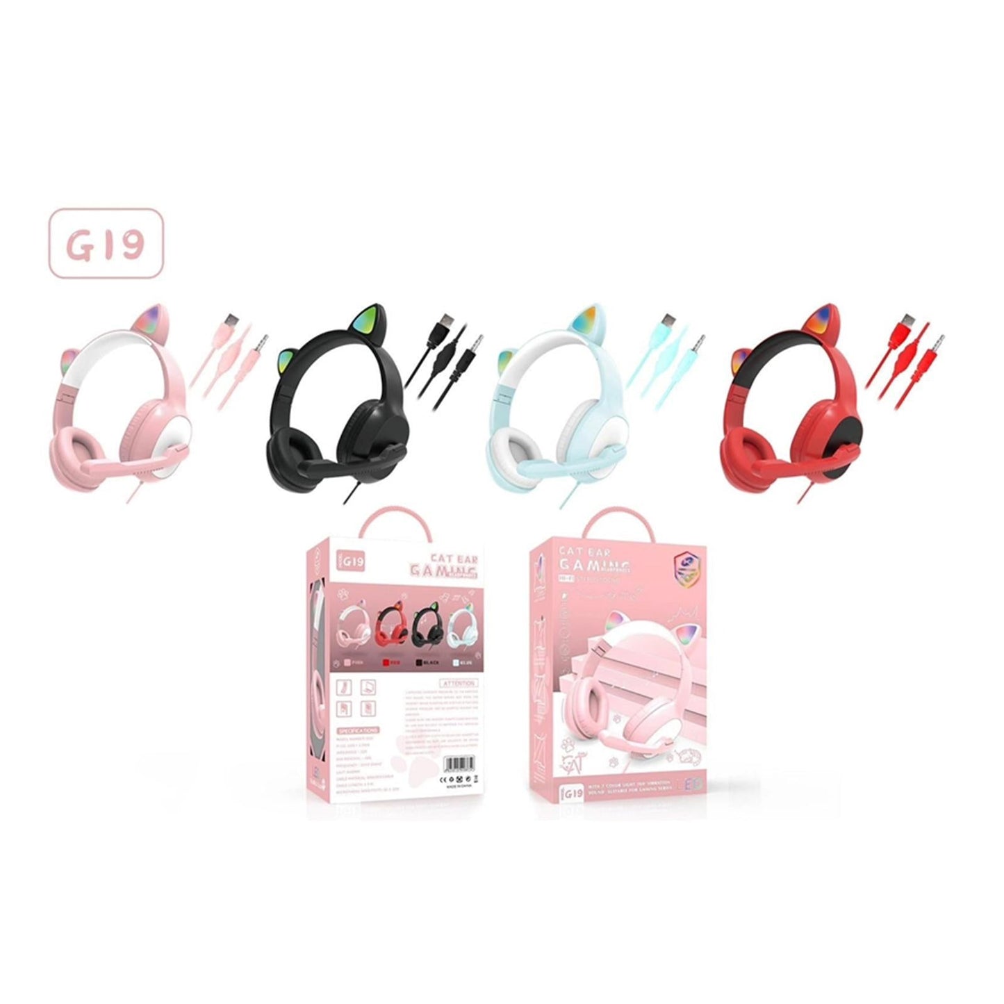 USB Cat Ear Wired Headset for PC Games Laptop TV Smartphones pink