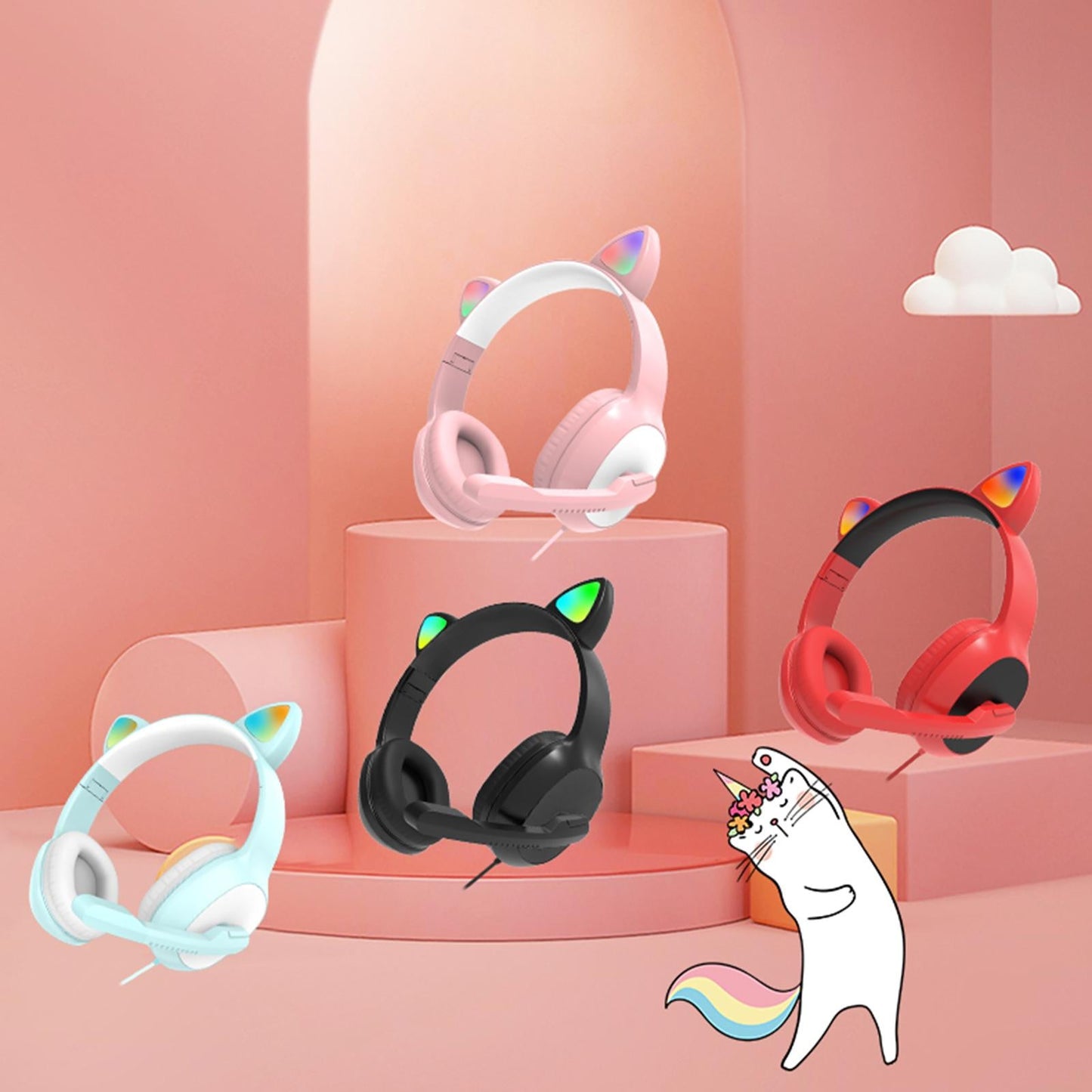 USB Cat Ear Wired Headset for PC Games Laptop TV Smartphones pink