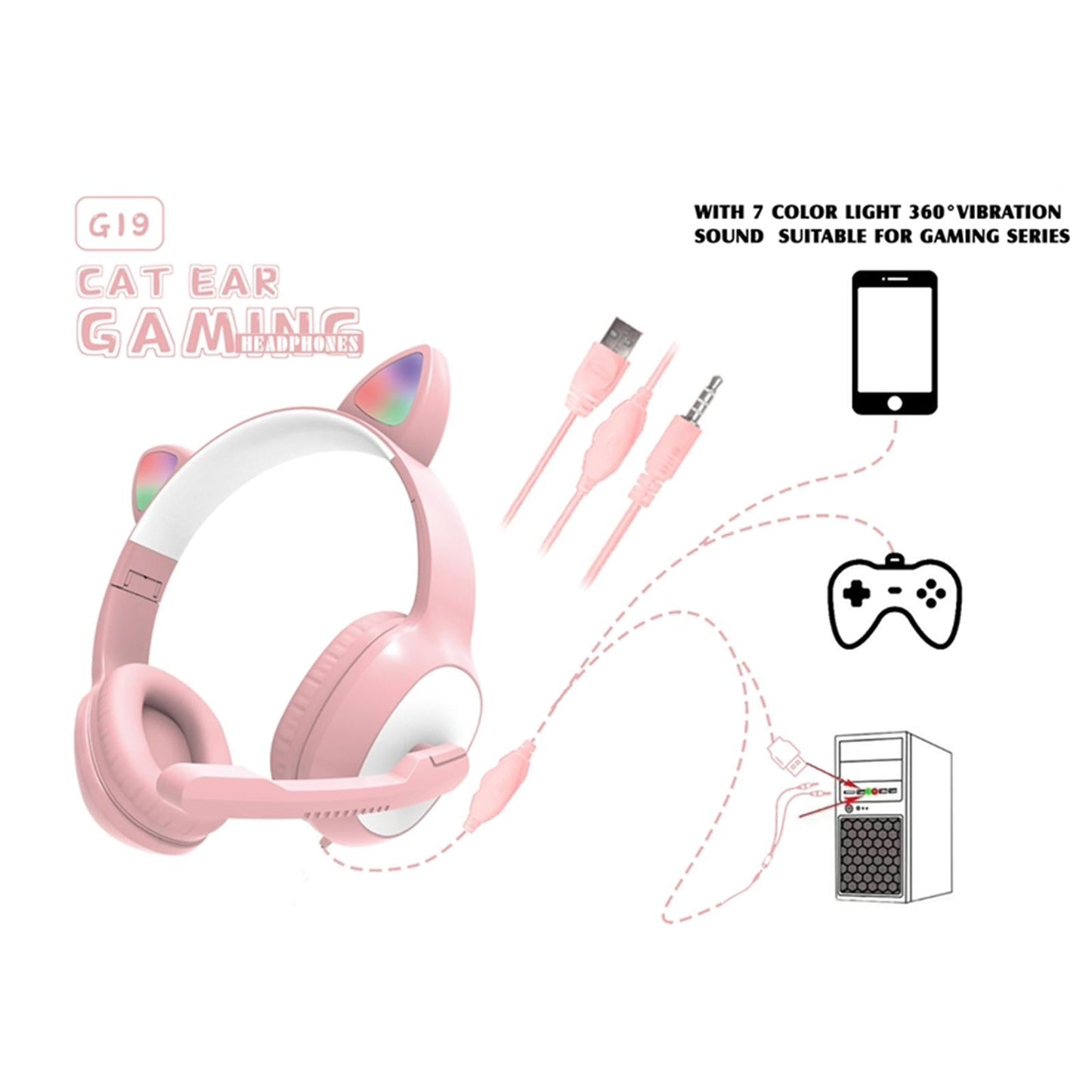 USB Cat Ear Wired Headset for PC Games Laptop TV Smartphones pink