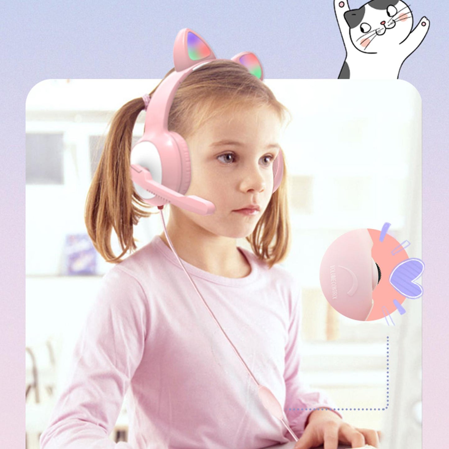USB Cat Ear Wired Headset for PC Games Laptop TV Smartphones pink