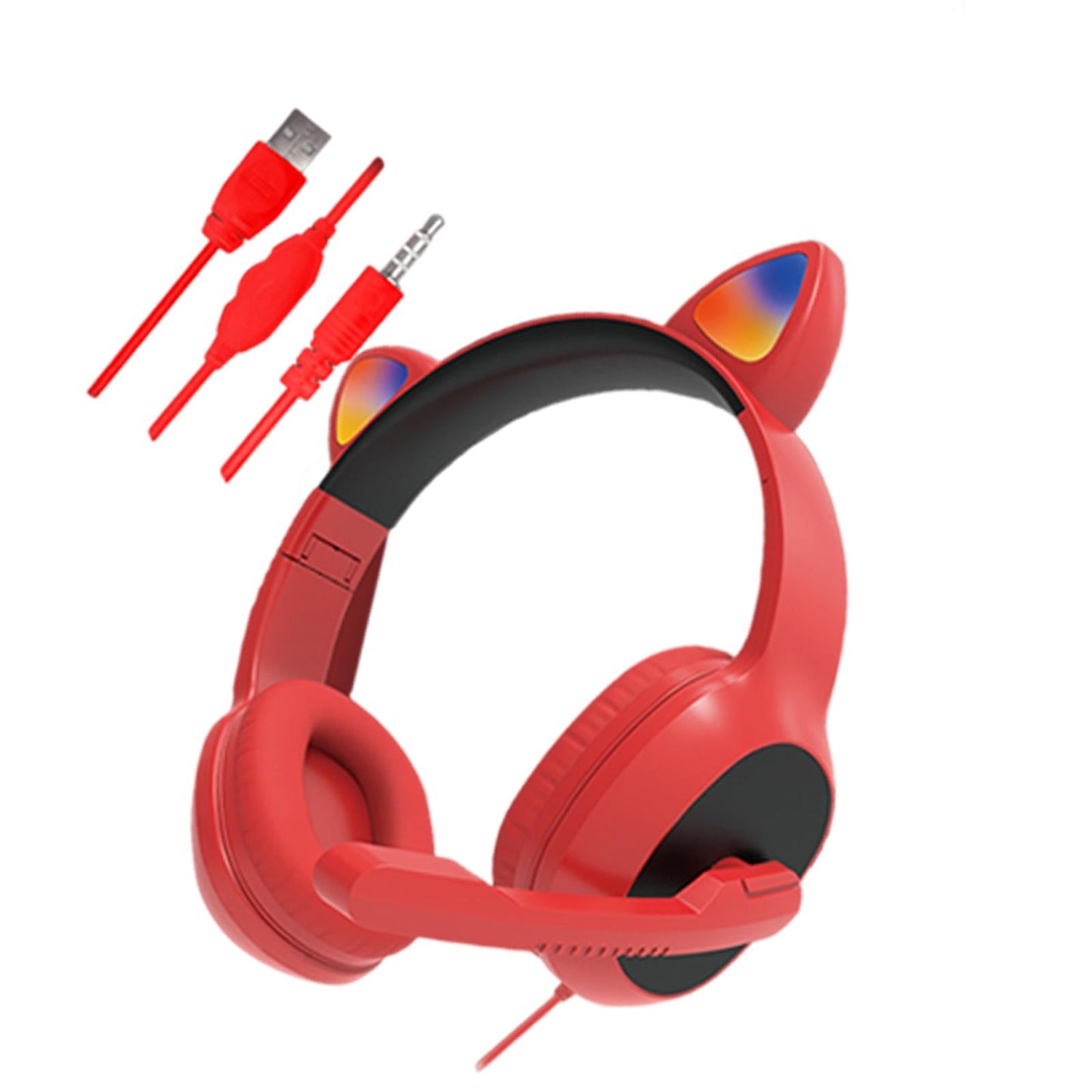 USB Cat Ear Wired Headset for PC Games Laptop TV Smartphones red