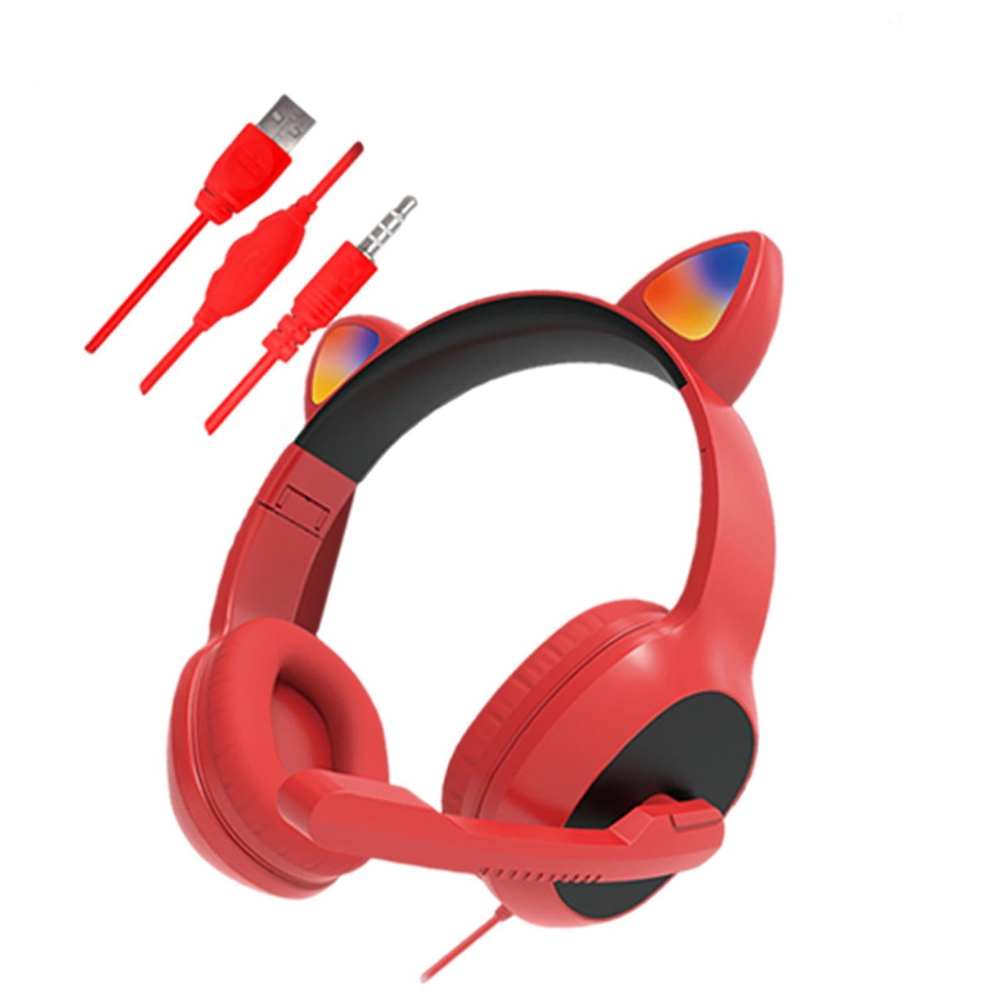 USB Cat Ear Wired Headset for PC Games Laptop TV Smartphones red
