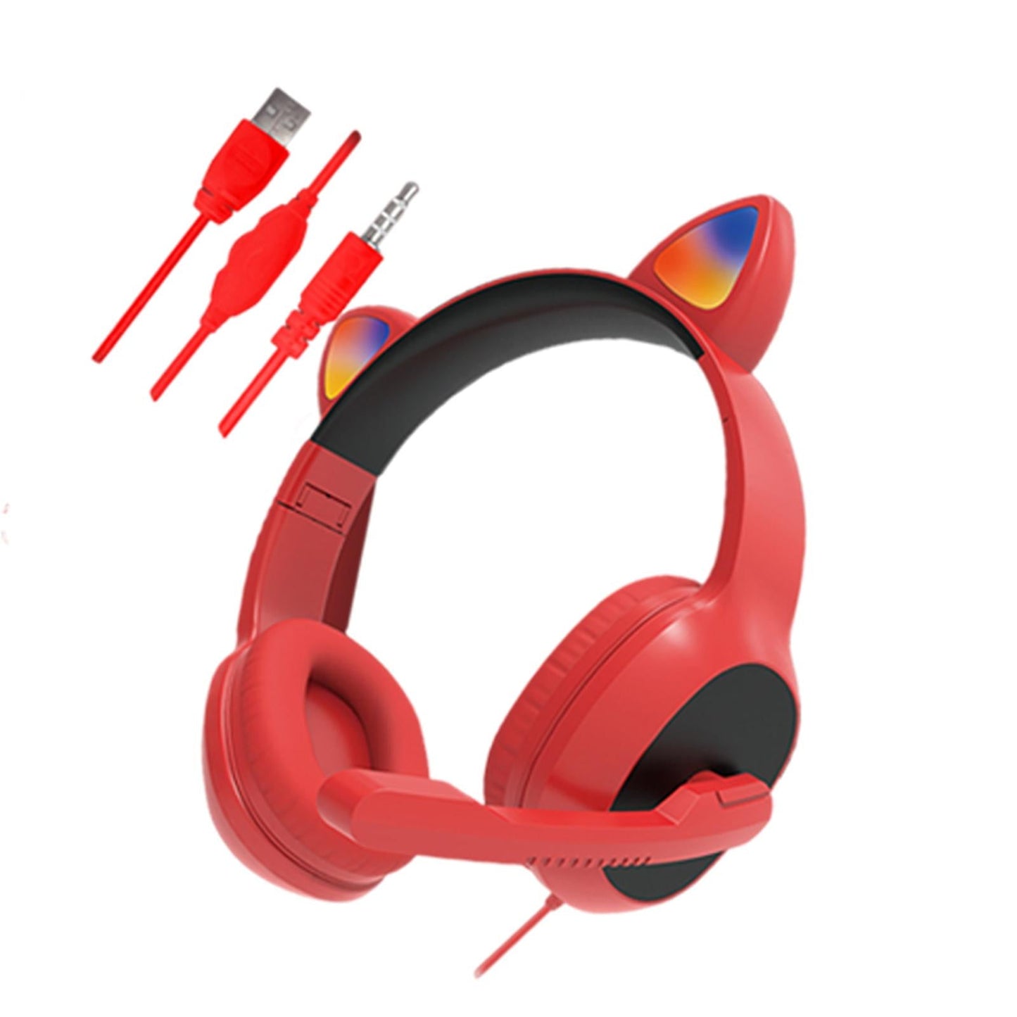USB Cat Ear Wired Headset for PC Games Laptop TV Smartphones red