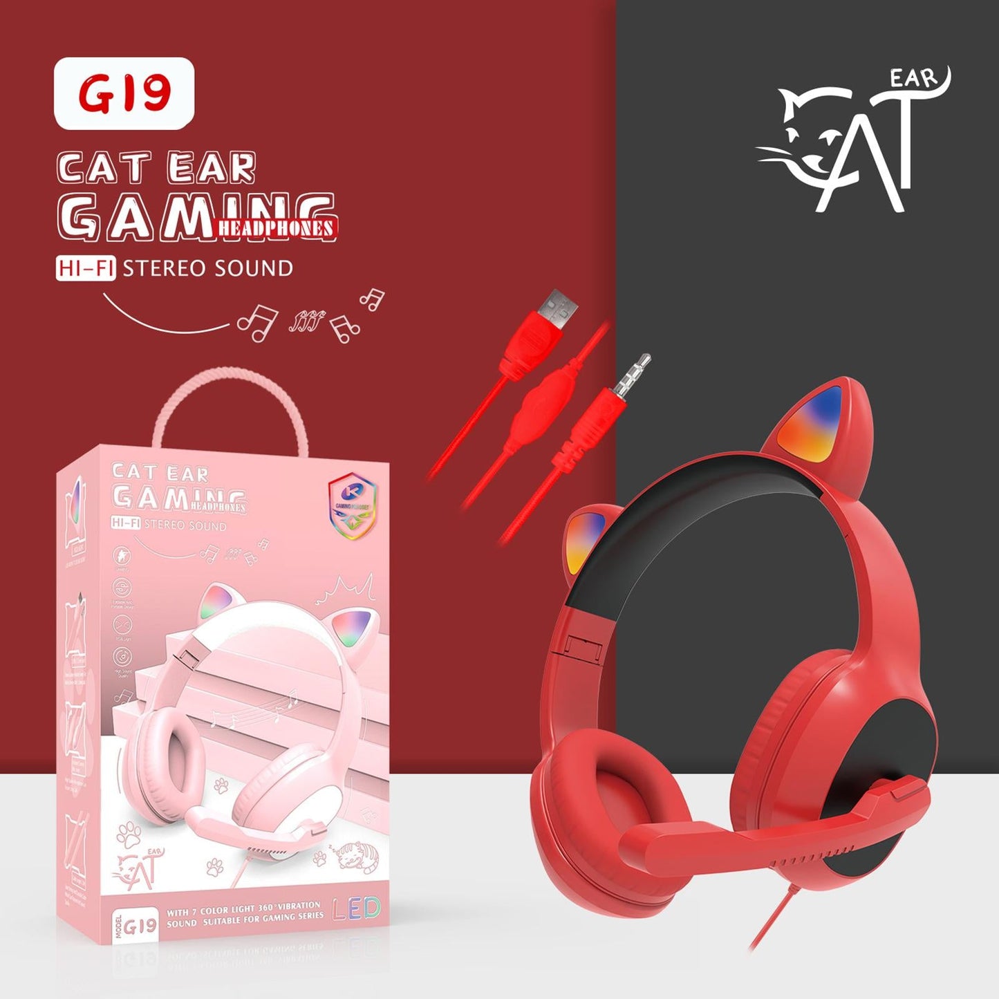 USB Cat Ear Wired Headset for PC Games Laptop TV Smartphones red