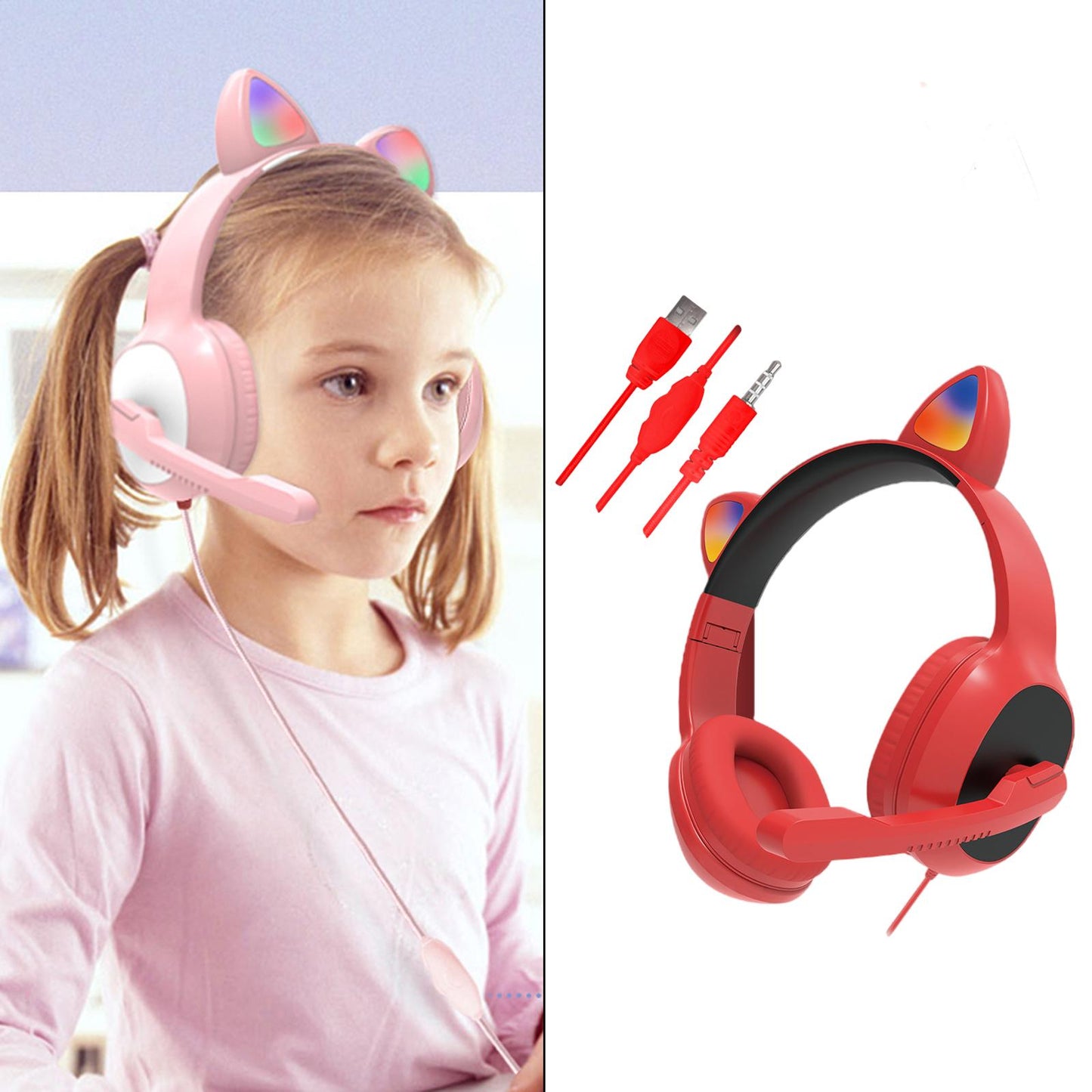 USB Cat Ear Wired Headset for PC Games Laptop TV Smartphones red