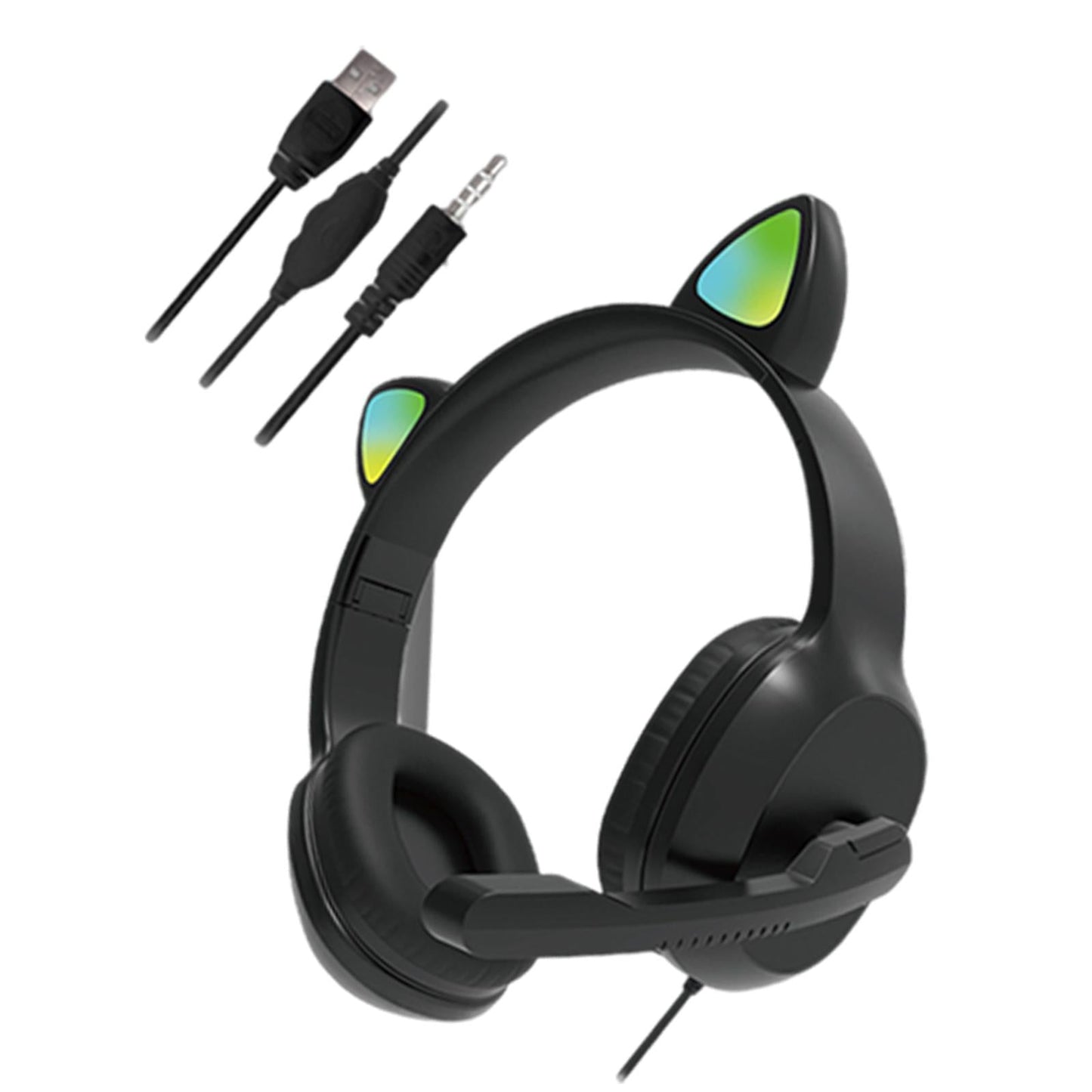 USB Cat Ear Wired Headset for PC Games Laptop TV Smartphones black