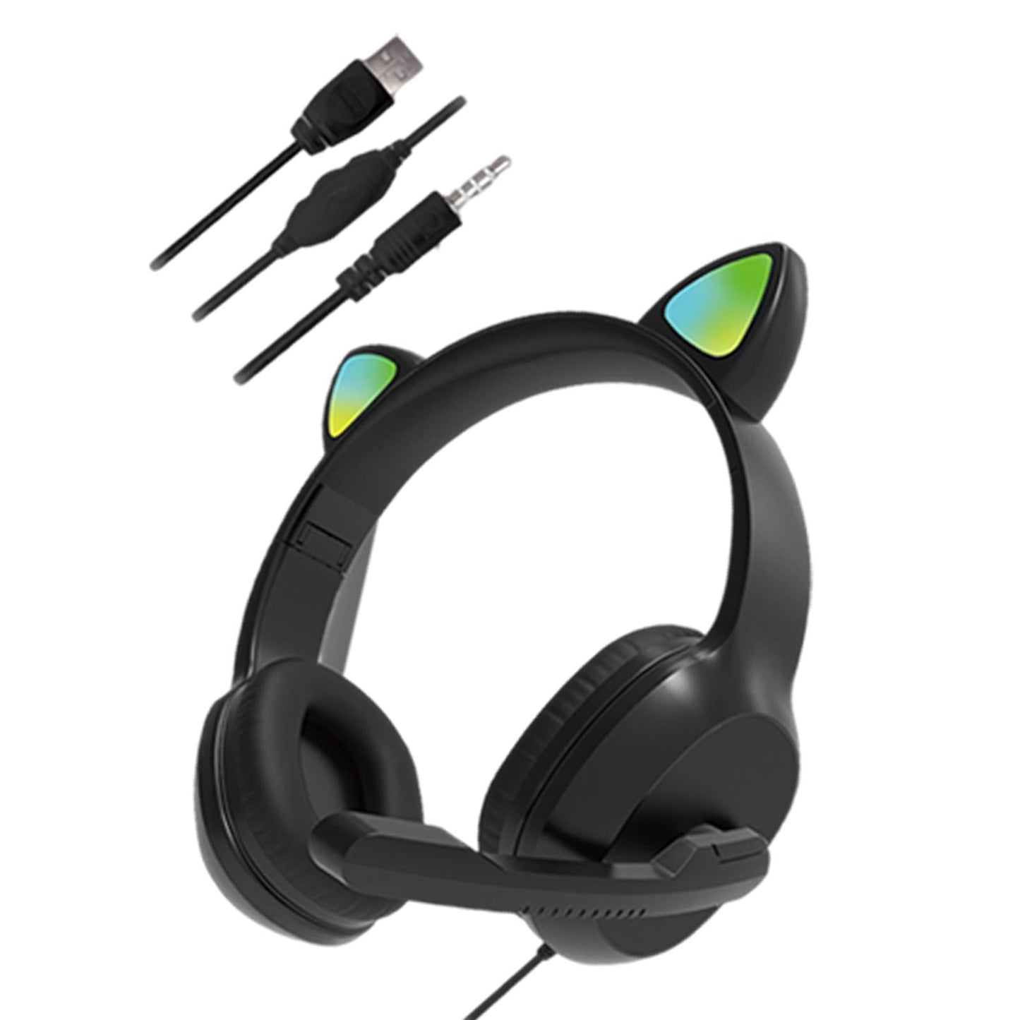 USB Cat Ear Wired Headset for PC Games Laptop TV Smartphones black