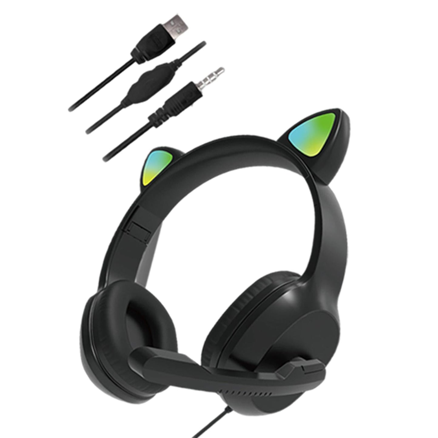 USB Cat Ear Wired Headset for PC Games Laptop TV Smartphones black