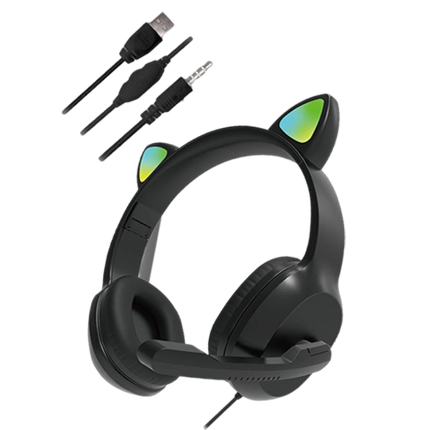 USB Cat Ear Wired Headset for PC Games Laptop TV Smartphones black