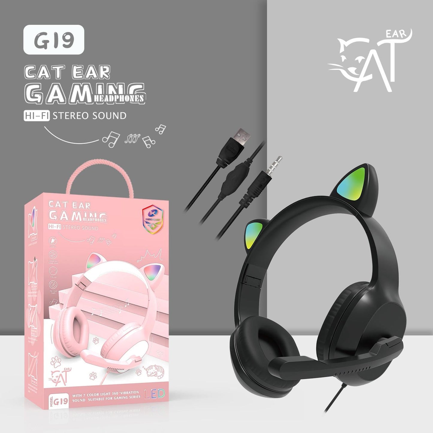 USB Cat Ear Wired Headset for PC Games Laptop TV Smartphones black
