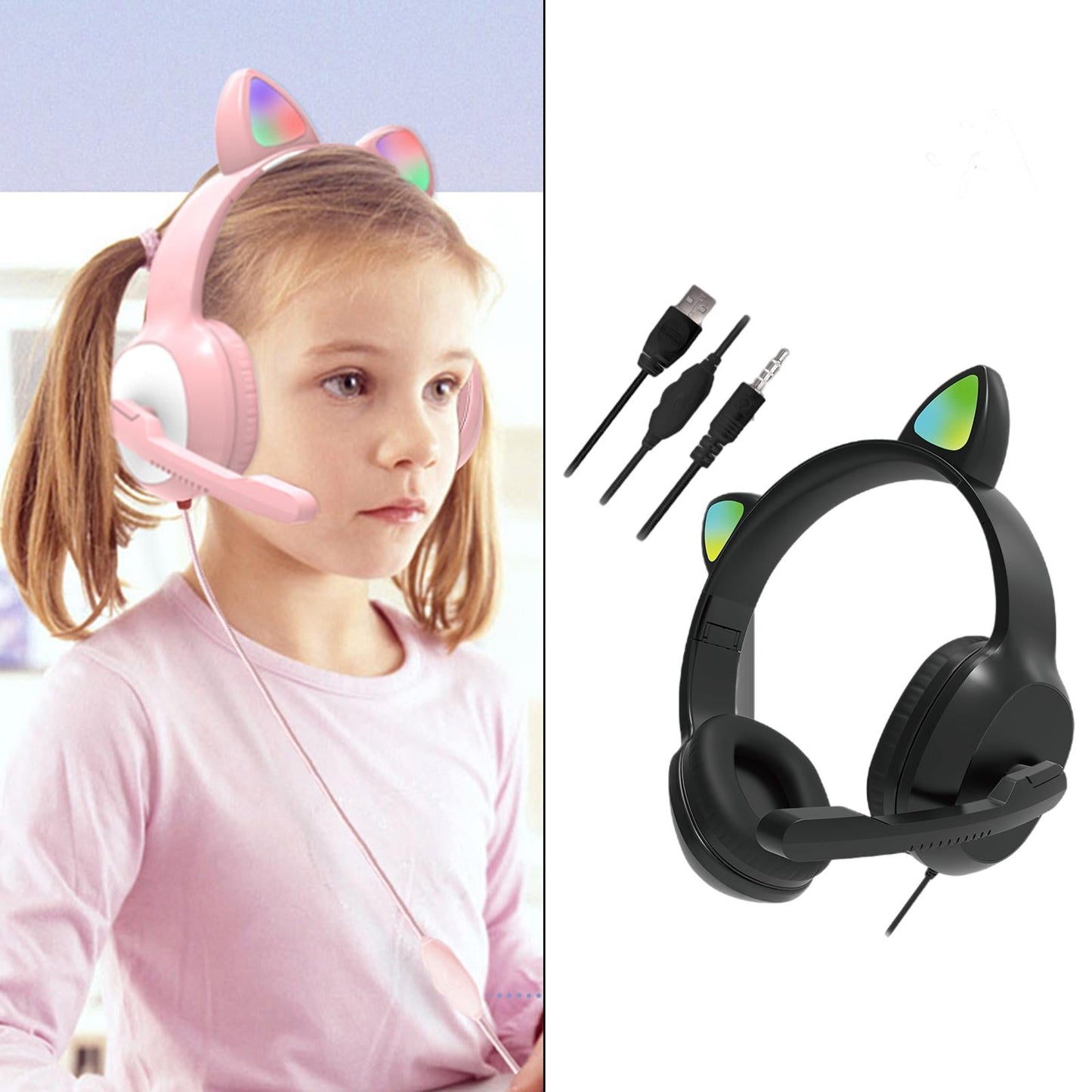 USB Cat Ear Wired Headset for PC Games Laptop TV Smartphones black