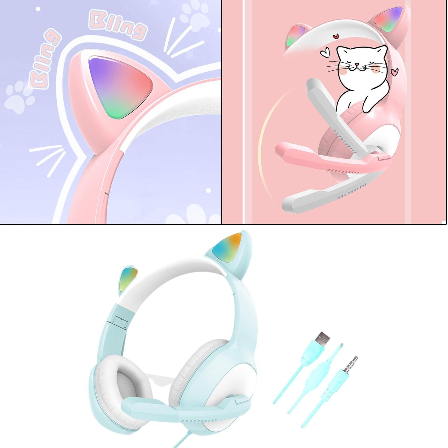 USB Cat Ear Wired Headset for PC Games Laptop TV Smartphones blue