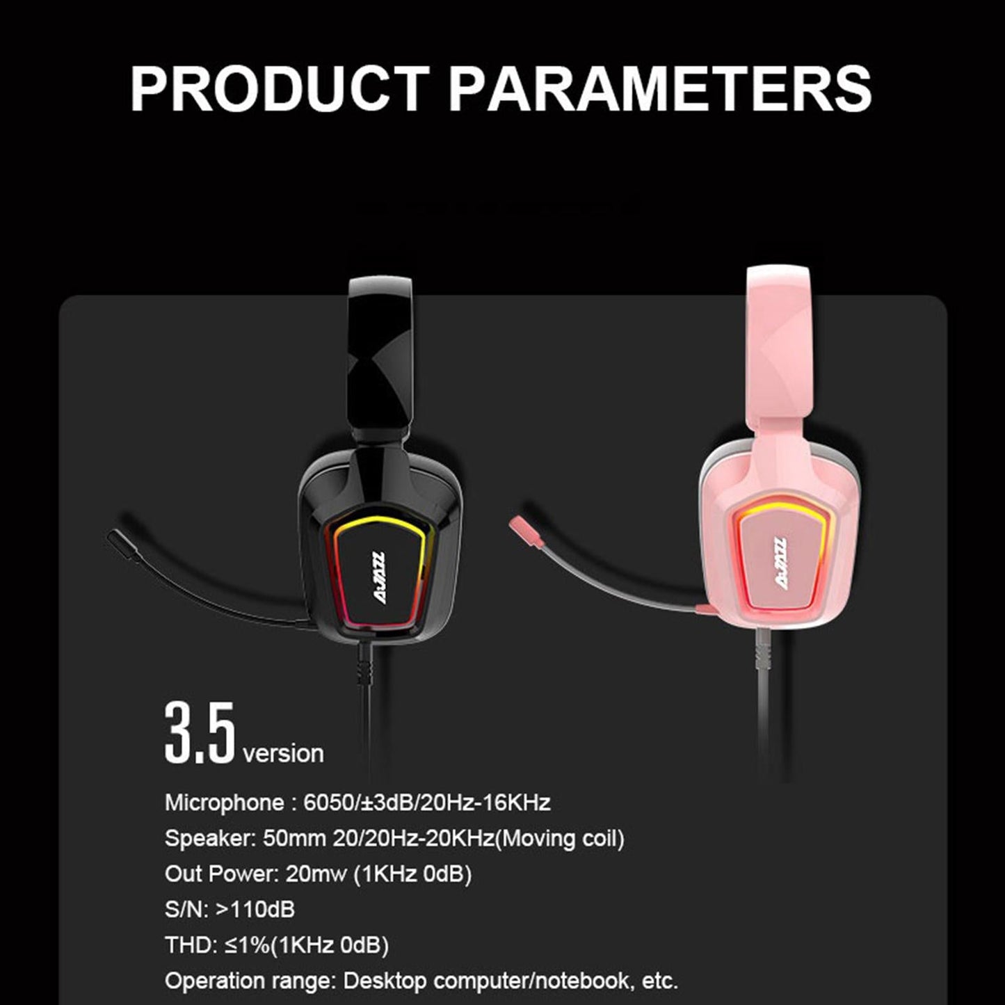 LED Colorful Over Ear Gaming Headset Headphones with Mic Pink 3.5mm