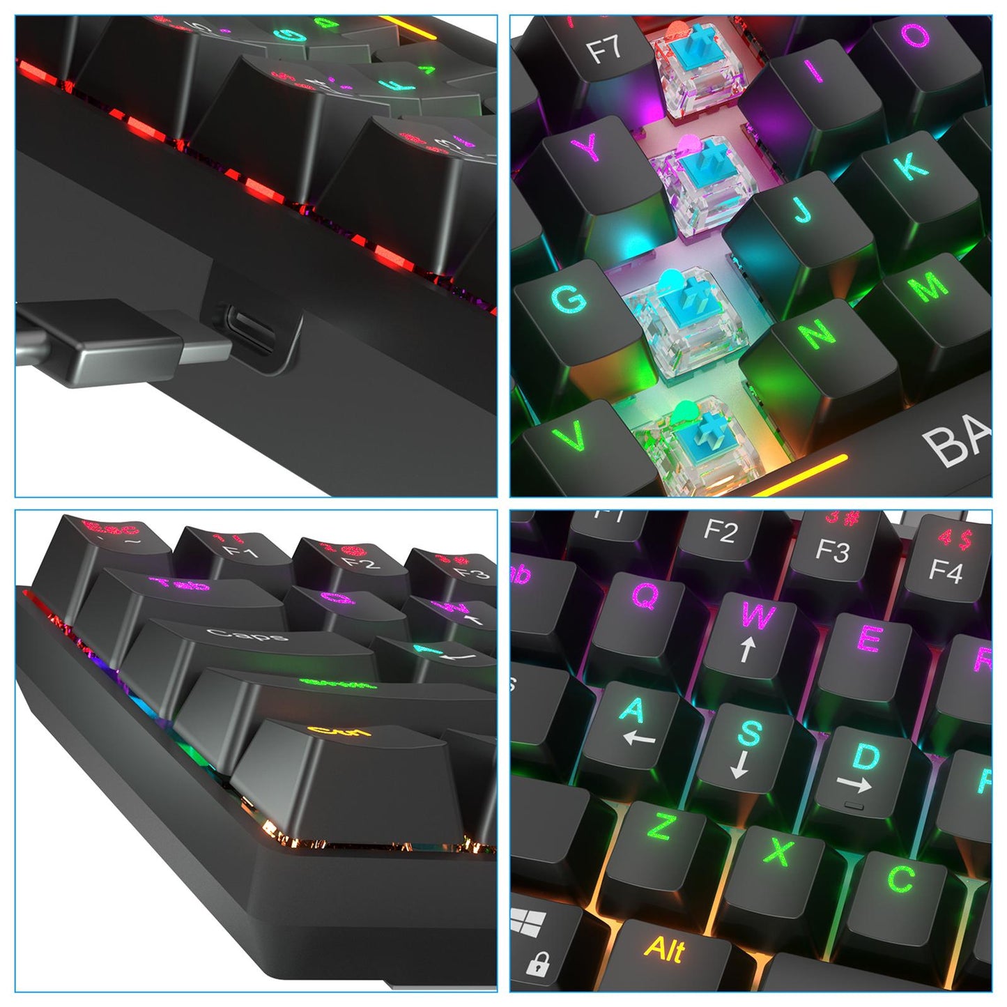 61key Green Axis RGB Illuminated Type-C USB Wired Mechanical Gaming Keyboard