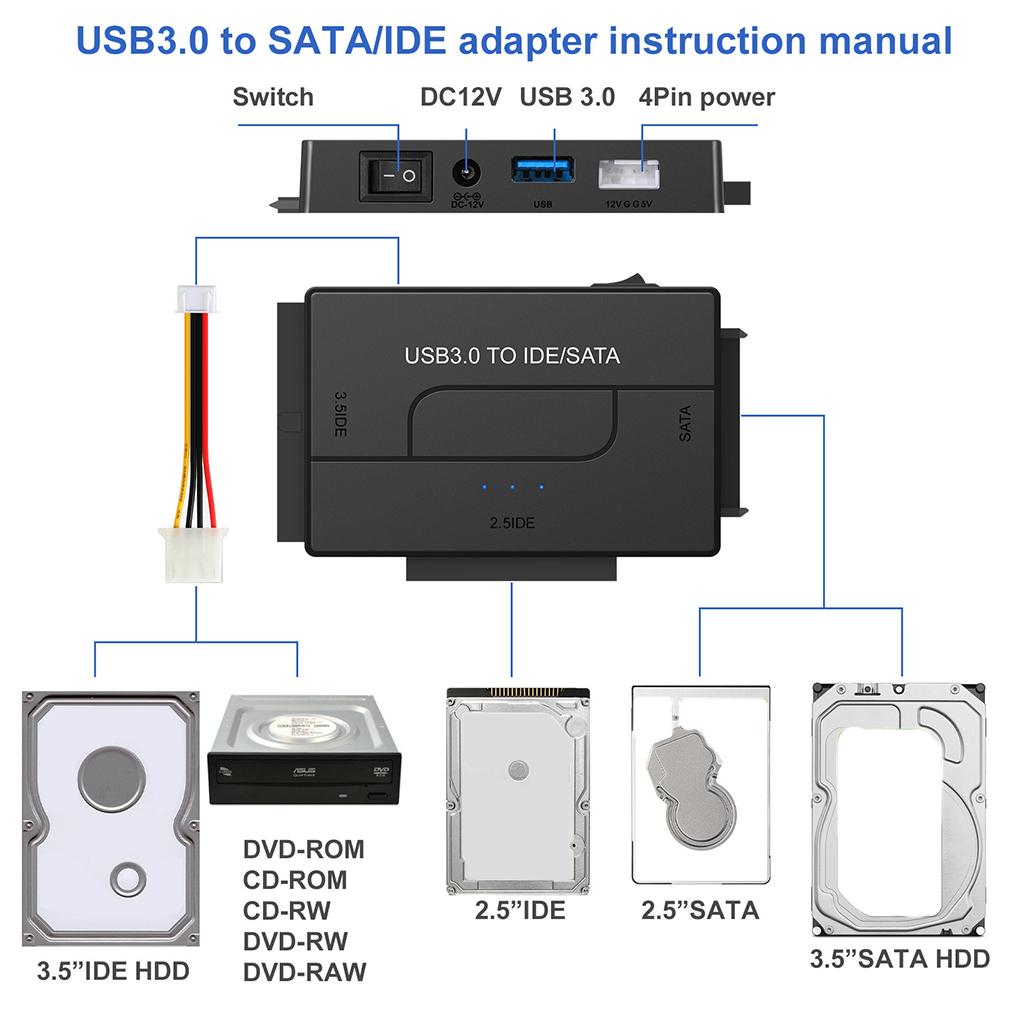 3-In-1 SATA/IDE to USB 3.0 Adapter Set Fits for 2.5/3.5" Inch IDE and SATA"