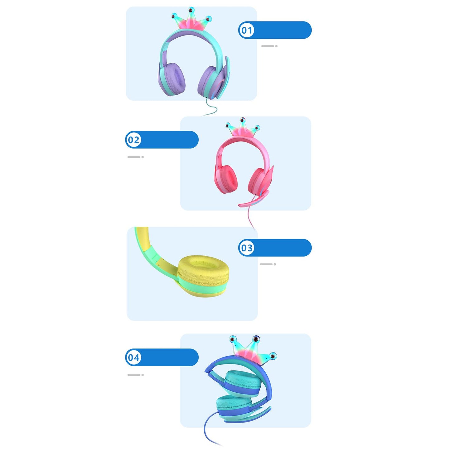 Compact Wired Crown Headset with Mic for Boys Girls Music Phones Pink