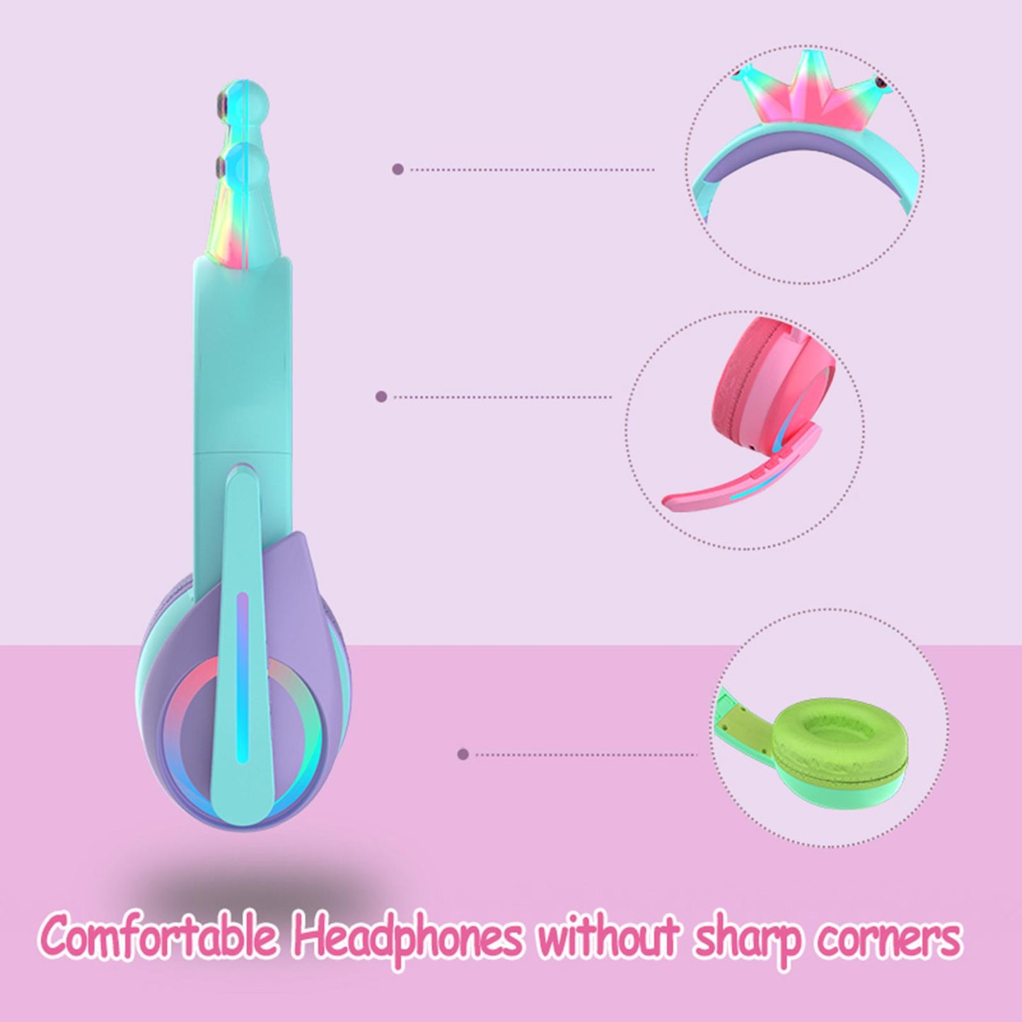 Compact Wired Crown Headset with Mic for Boys Girls Music Phones Pink