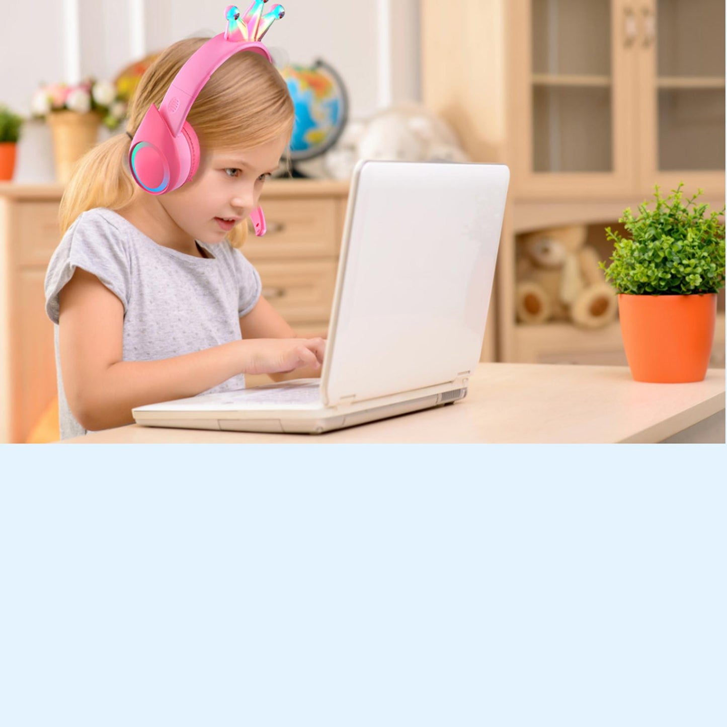 Compact Wired Crown Headset with Mic for Boys Girls Music Phones Pink