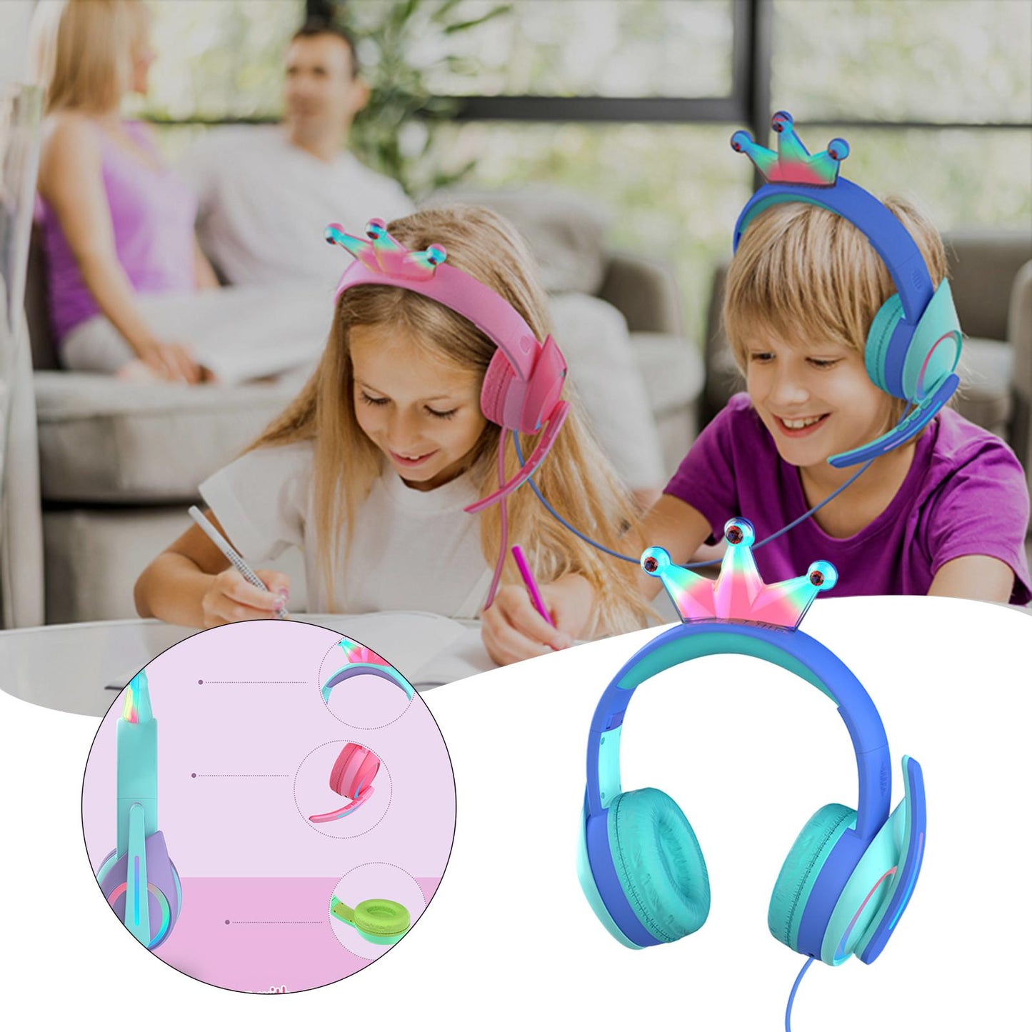 Compact Wired Crown Headset with Mic for Boys Girls Music Phones Blue