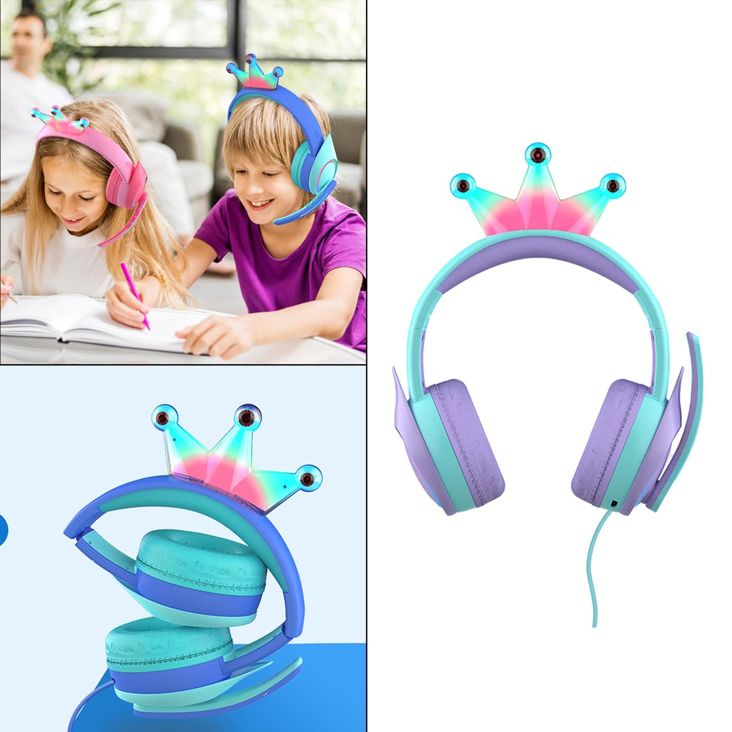 Compact Wired Crown Headset with Mic for Boys Girls Music Phones Light Blue