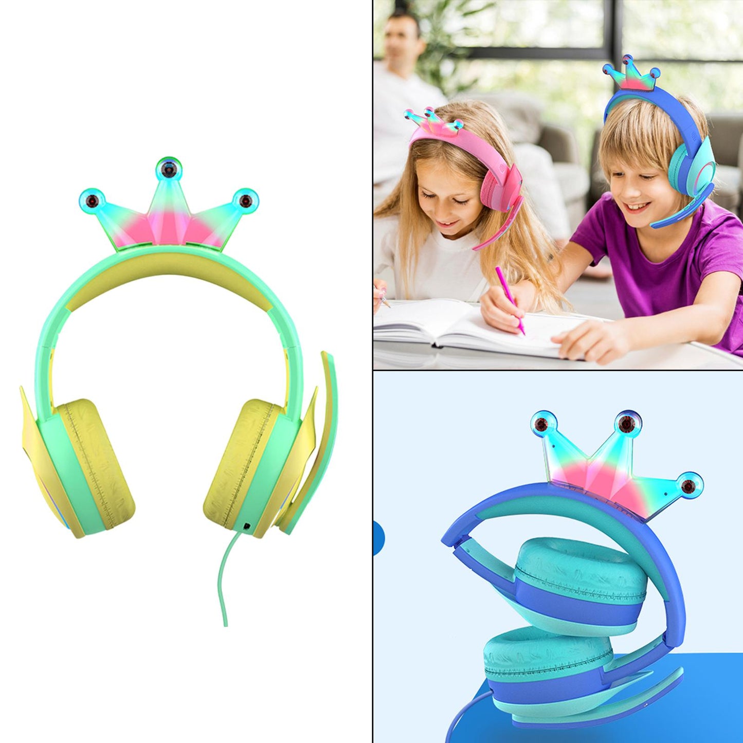 Compact Wired Crown Headset with Mic for Boys Girls Music Phones Green