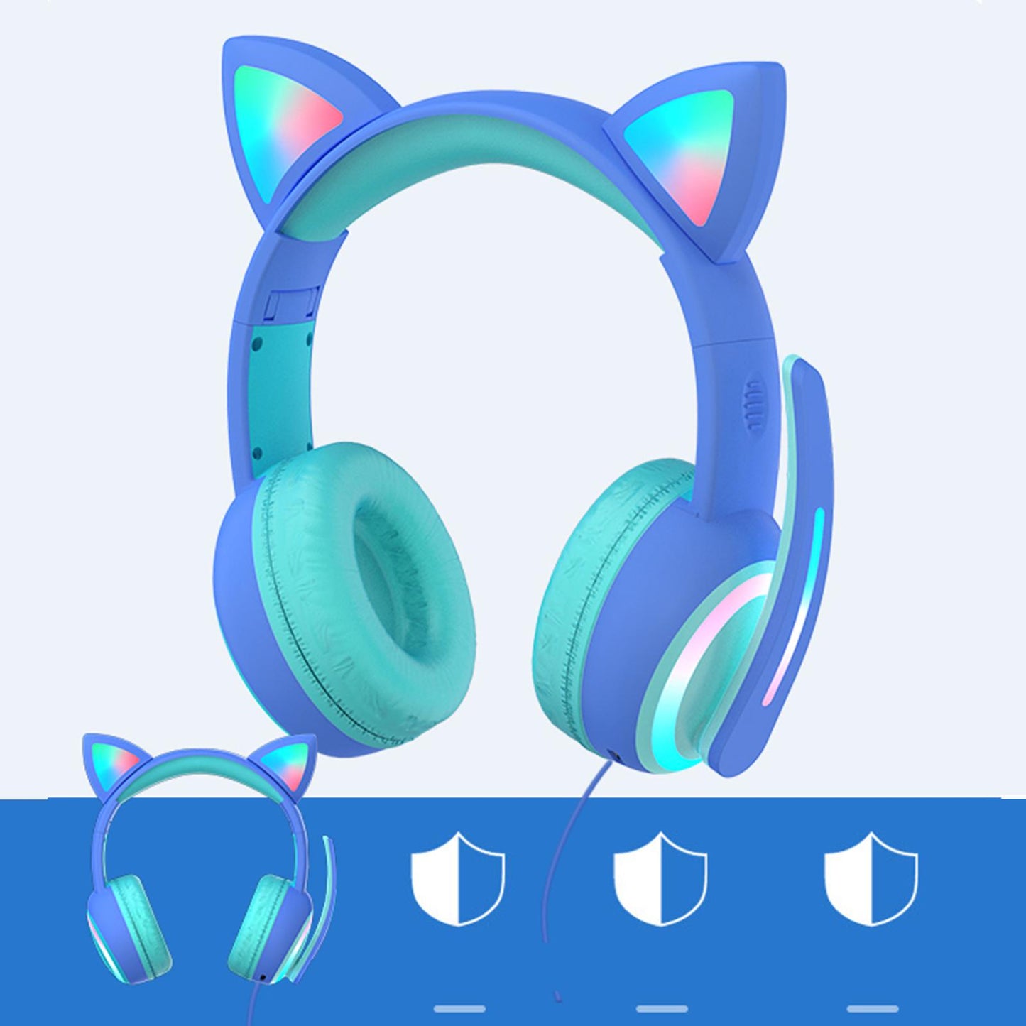 Kid LED Fashion Cute Cat Ear Headphones On-Ear Headsets with Mic Foldable Wired Pink