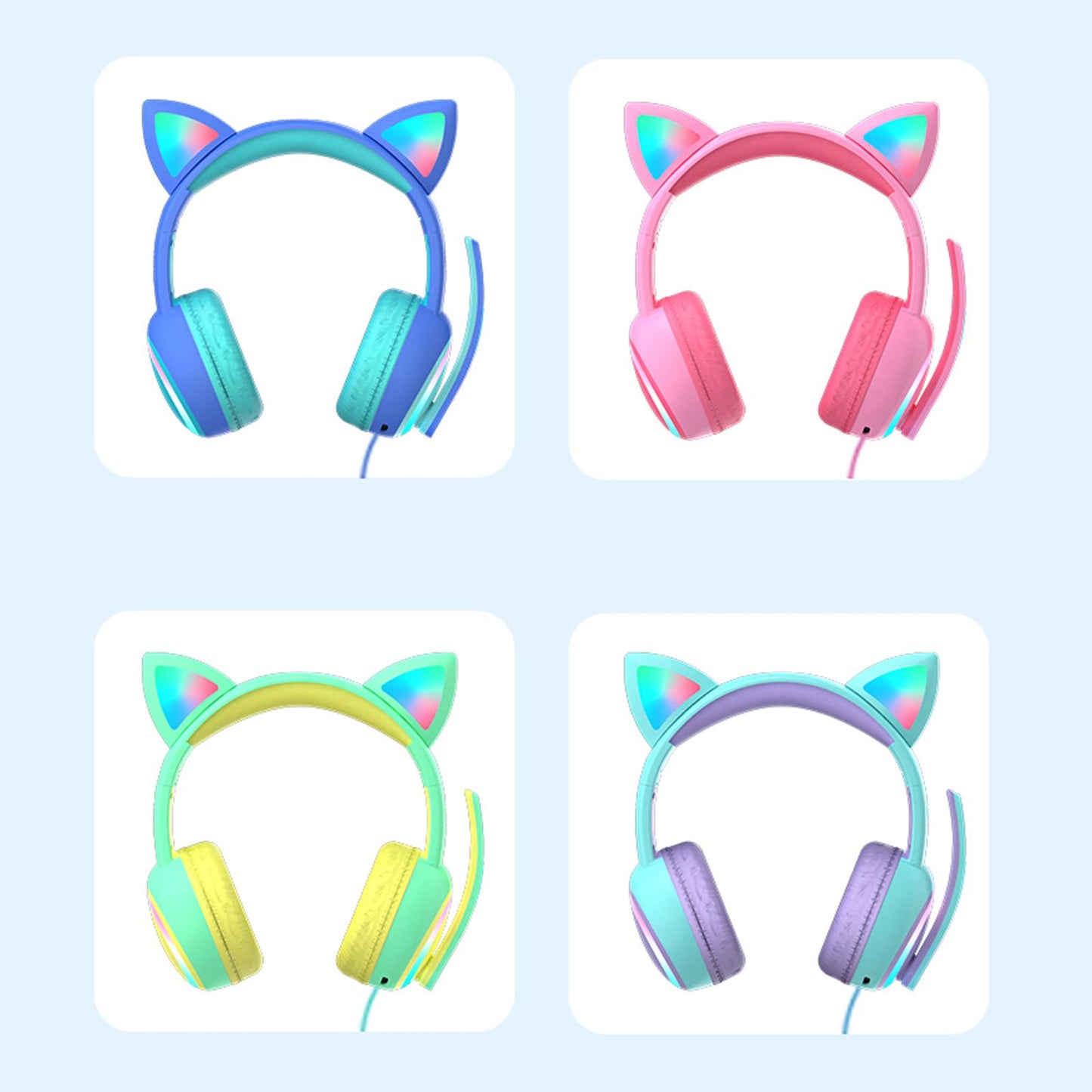 Kid LED Fashion Cute Cat Ear Headphones On-Ear Headsets with Mic Foldable Wired Dark Blue