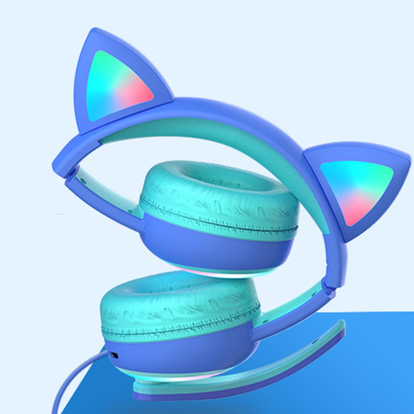 Kid LED Fashion Cute Cat Ear Headphones On-Ear Headsets with Mic Foldable Wired Dark Blue