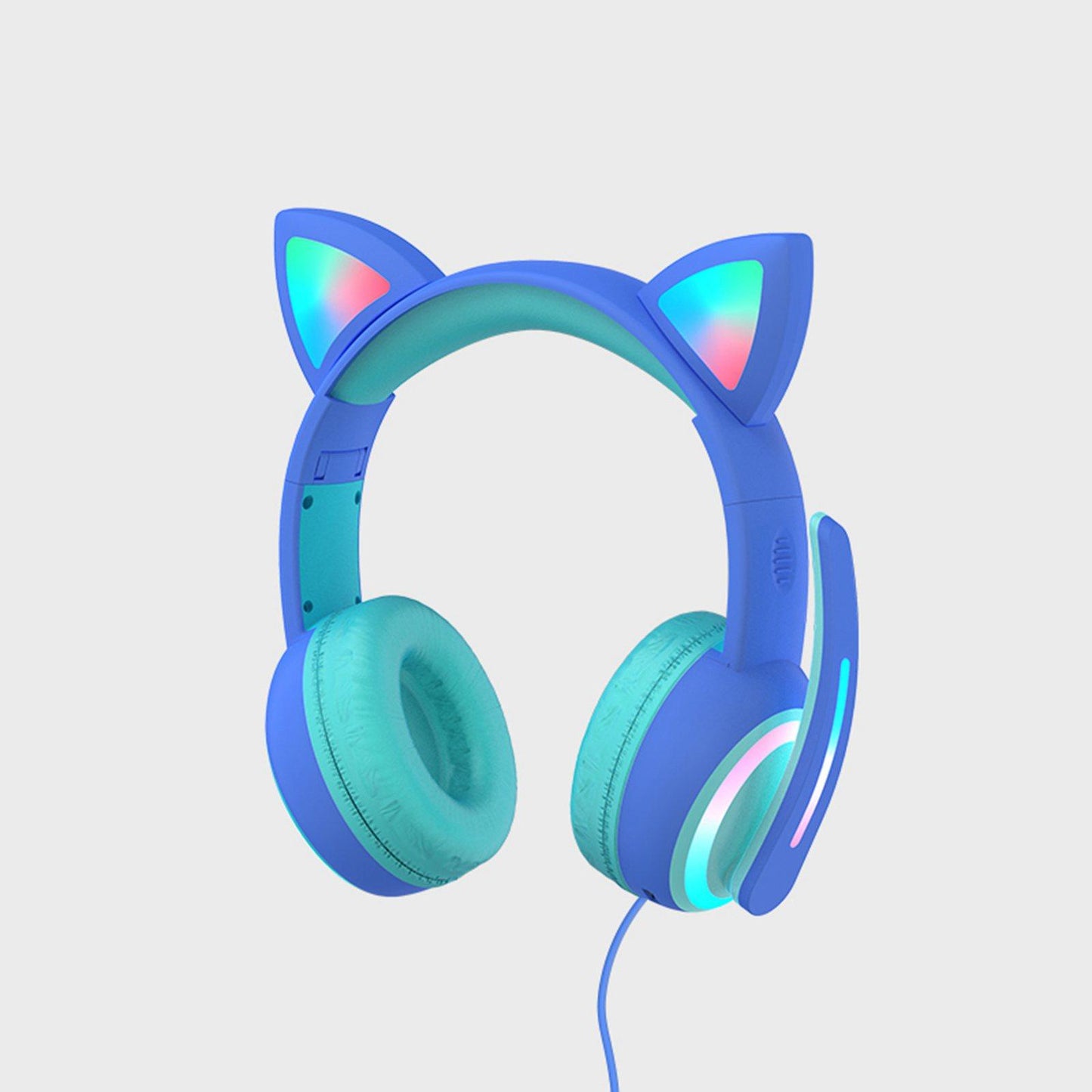 Kid LED Fashion Cute Cat Ear Headphones On-Ear Headsets with Mic Foldable Wired Dark Blue