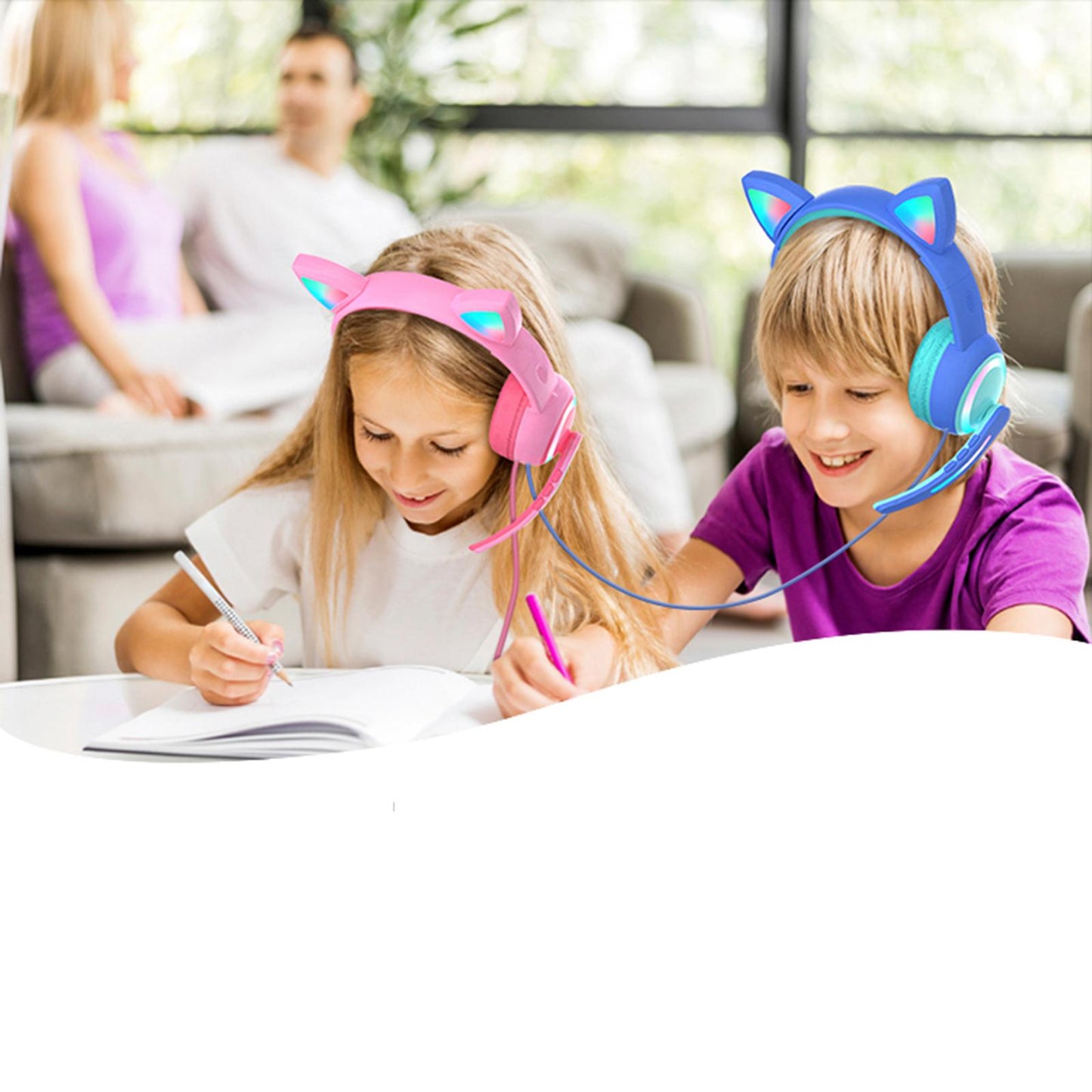 Kid LED Fashion Cute Cat Ear Headphones On-Ear Headsets with Mic Foldable Wired Light Blue