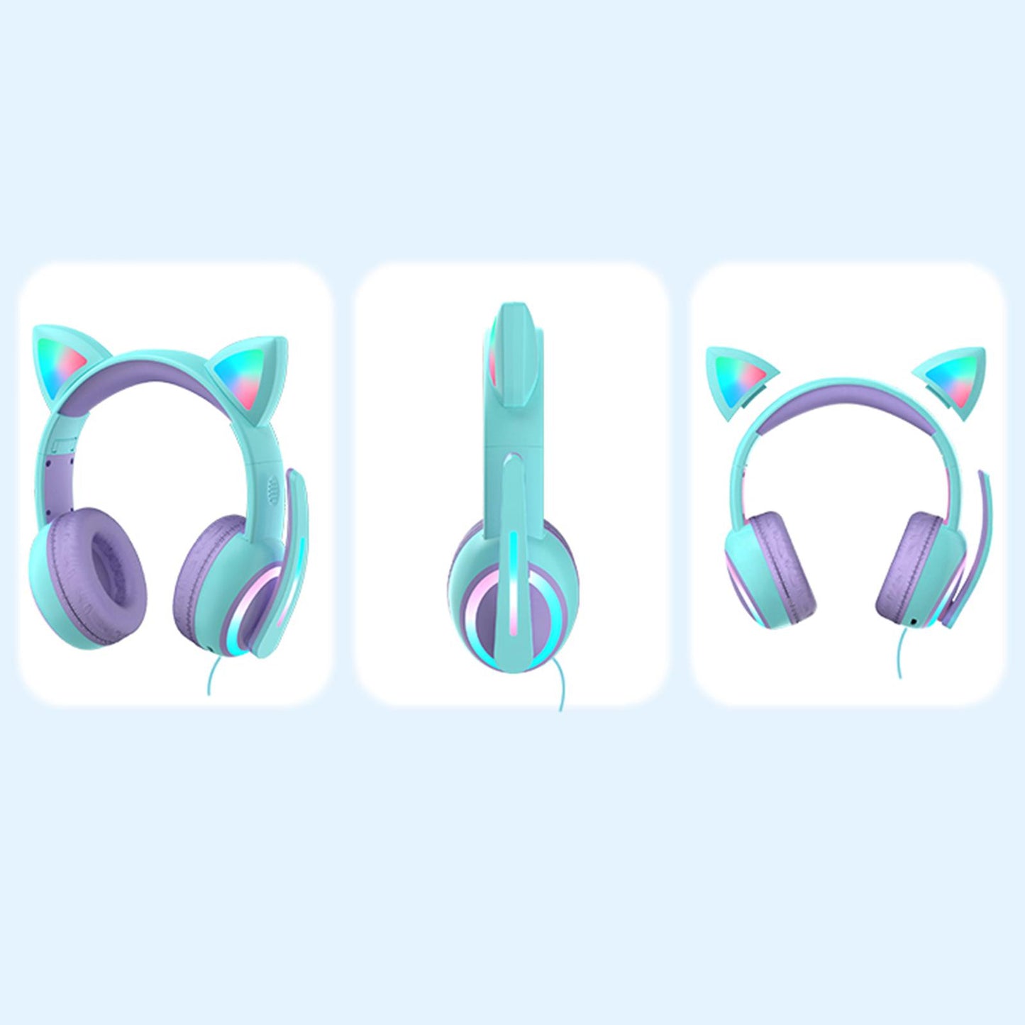 Kid LED Fashion Cute Cat Ear Headphones On-Ear Headsets with Mic Foldable Wired Light Blue