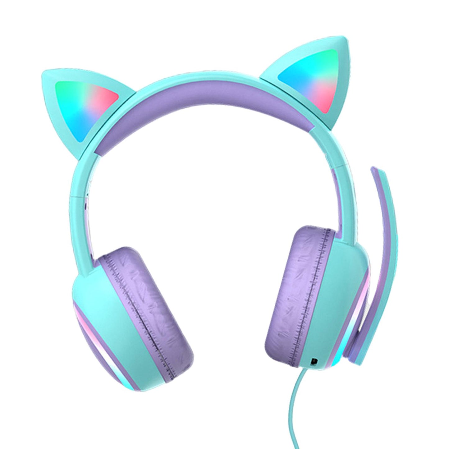 Kid LED Fashion Cute Cat Ear Headphones On-Ear Headsets with Mic Foldable Wired Light Blue