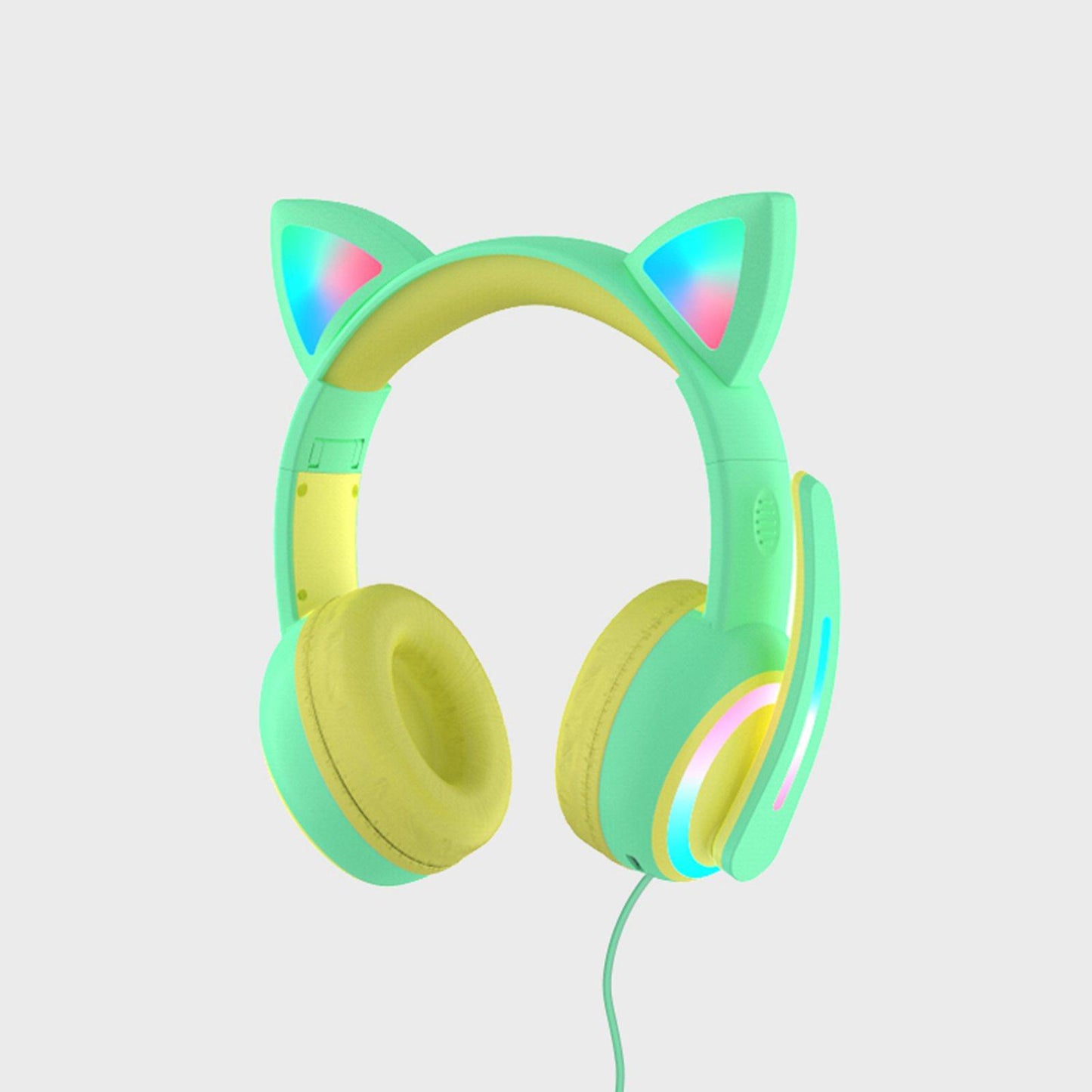 Kid LED Fashion Cute Cat Ear Headphones On-Ear Headsets with Mic Foldable Wired Green