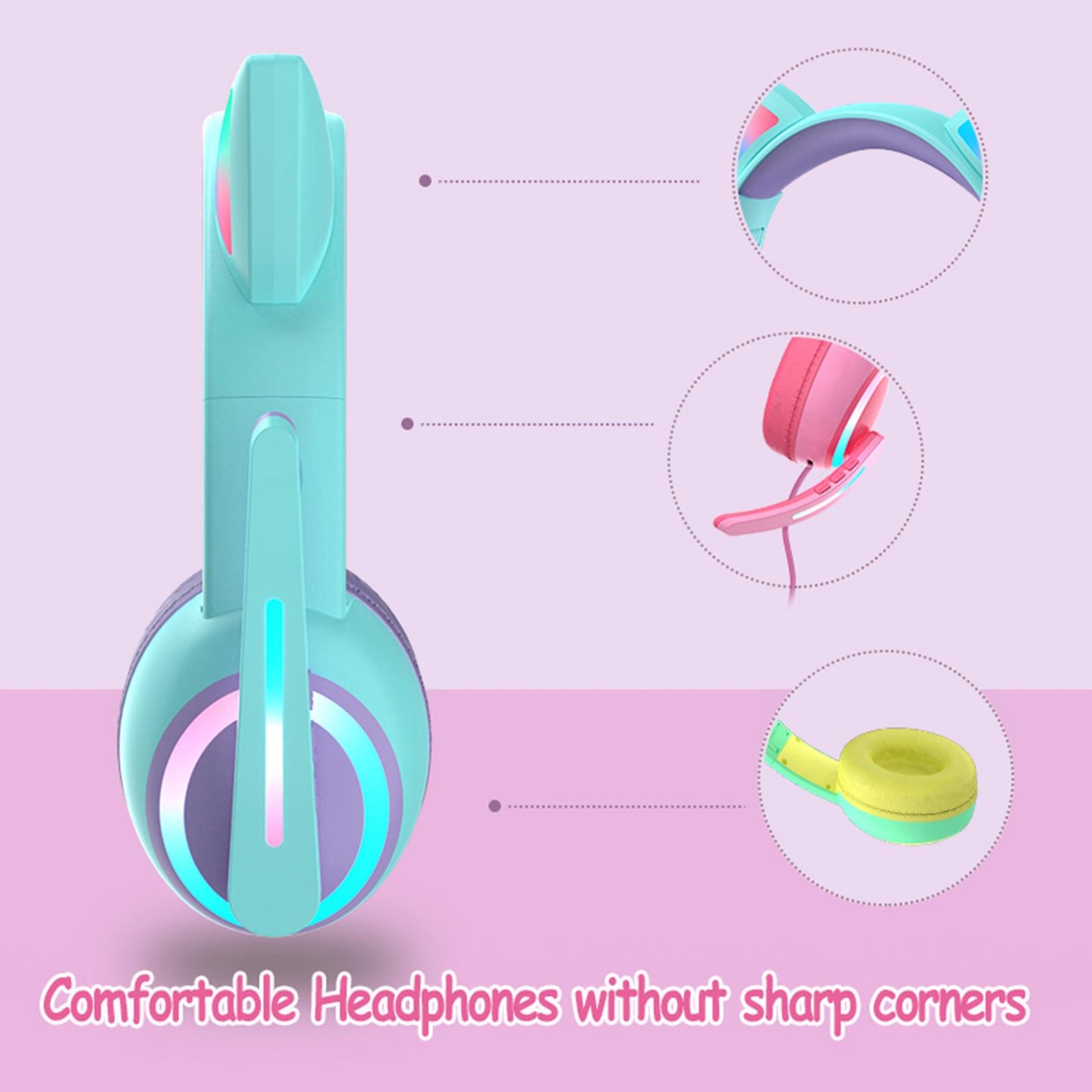 Kid LED Fashion Cute Cat Ear Headphones On-Ear Headsets with Mic Foldable Wired Green