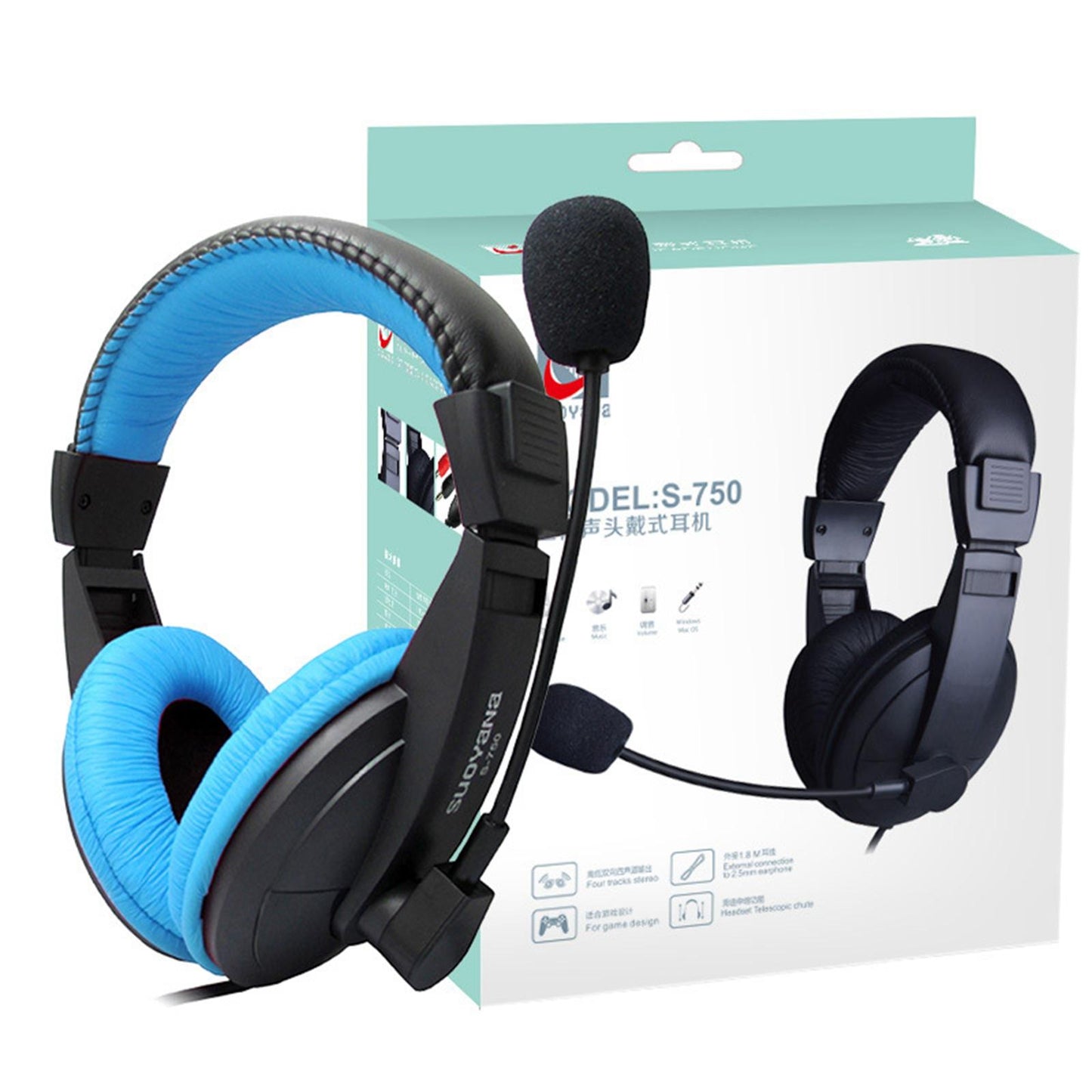 Over-Ear Gaming Headphone with Mic 3.5mm Bass Surround for Laptop Blue