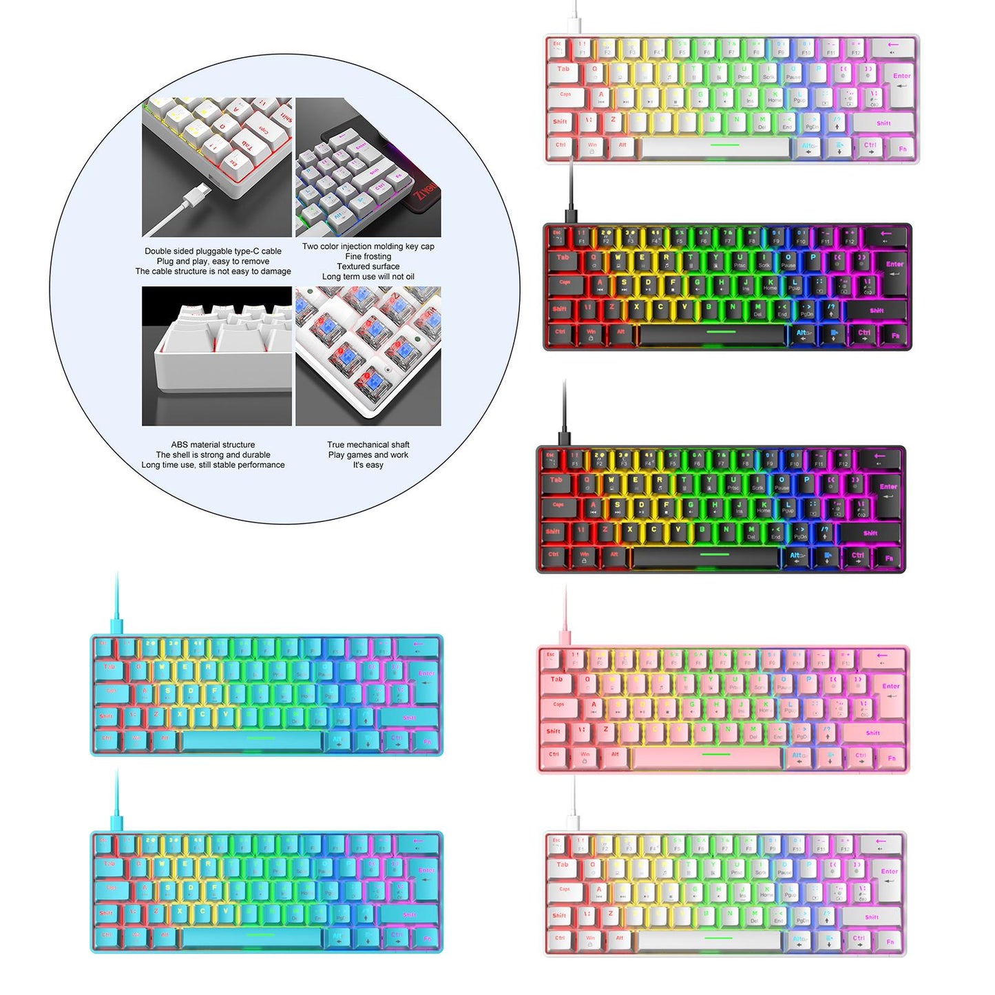 Wired 62Keys Mechanical Gaming Keyboard Backlit for Gaming Typing black Blue switch