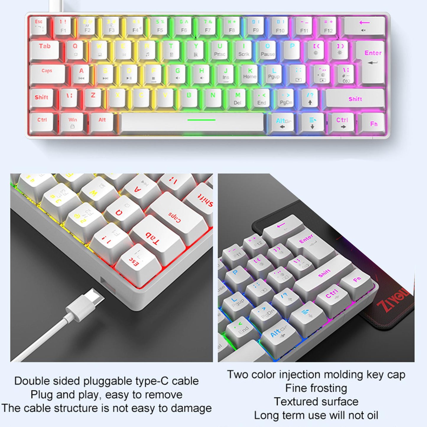 Wired 62Keys Mechanical Gaming Keyboard Backlit for Gaming Typing white Red switch
